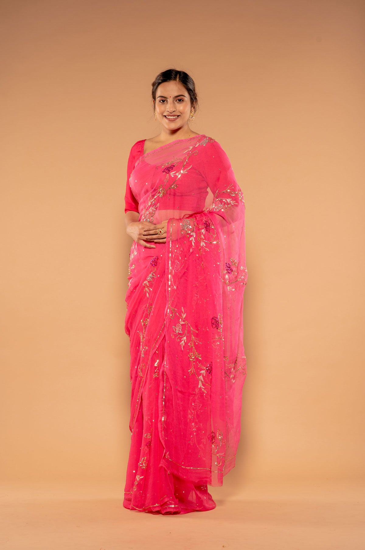 Pink Viscose Chiffon Sequnce chadi butti Handwork Saree
