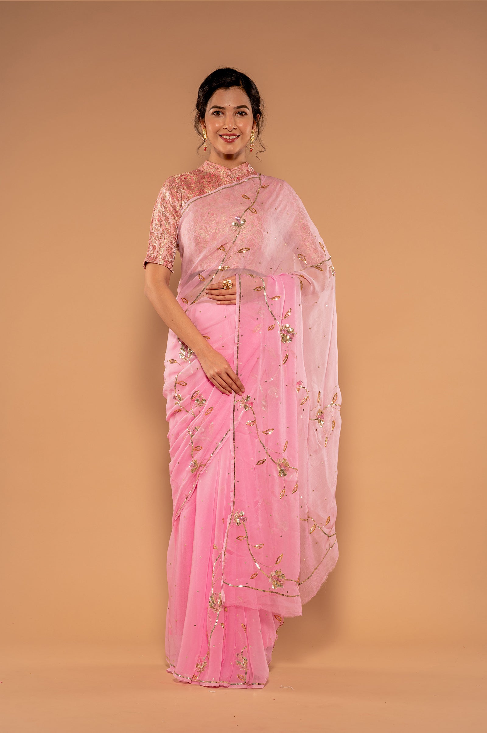 Pink light dark viscose chiffon aari sequins handwork saree