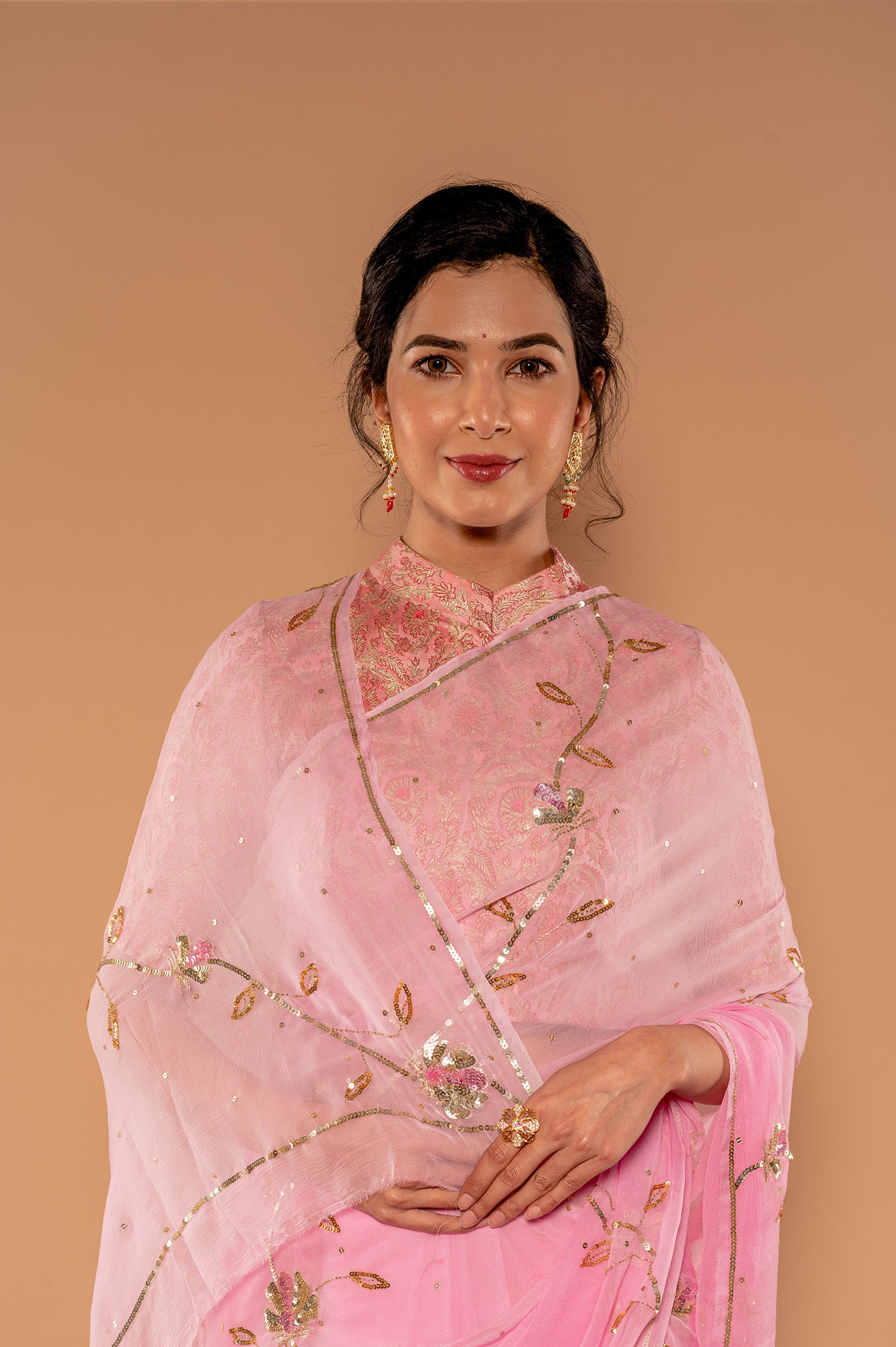 Pink light dark viscose chiffon aari sequins handwork saree