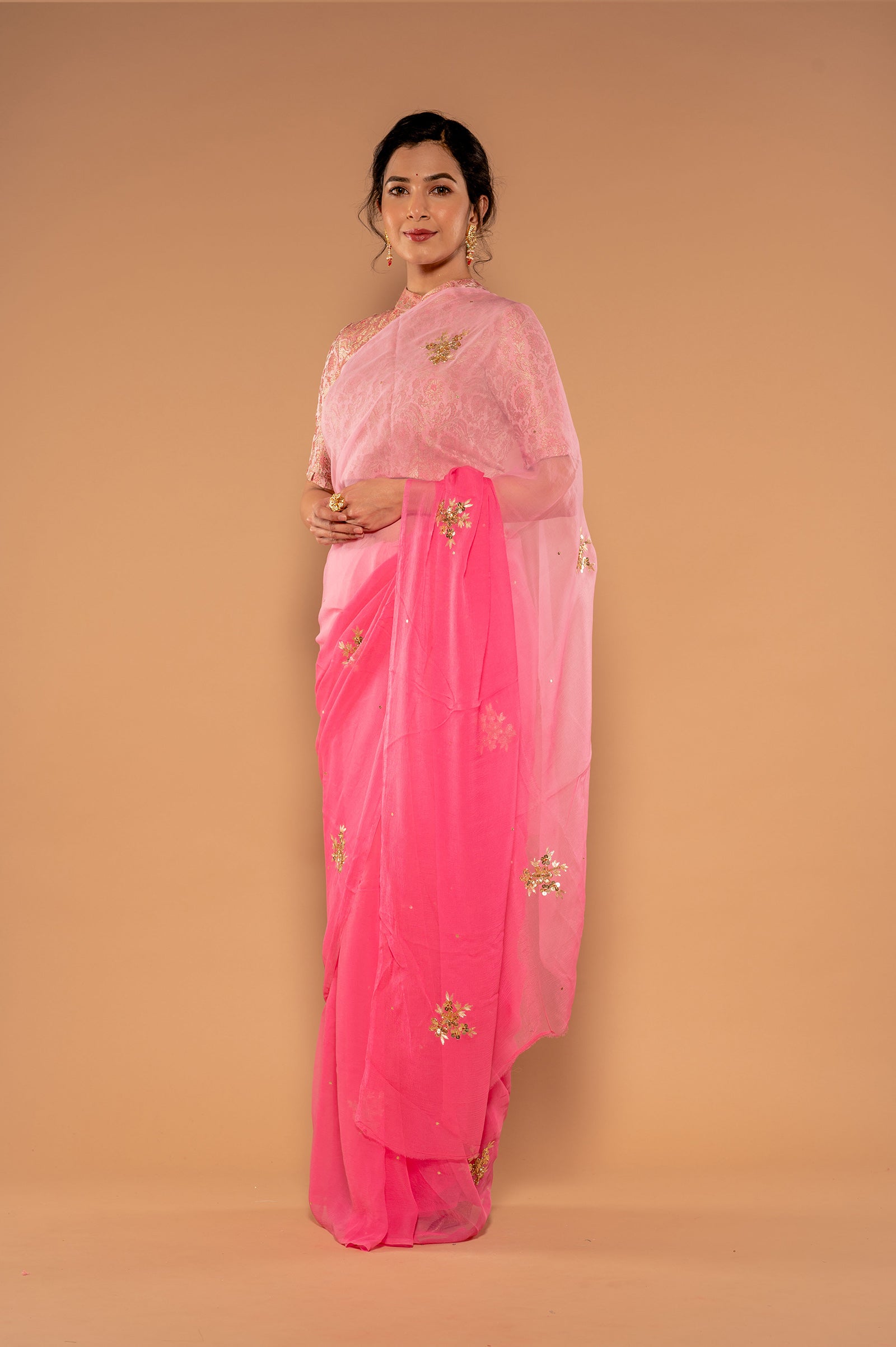 Pink light Dak Viscose Chiffon Aari Sequnece butti Handwork Saree