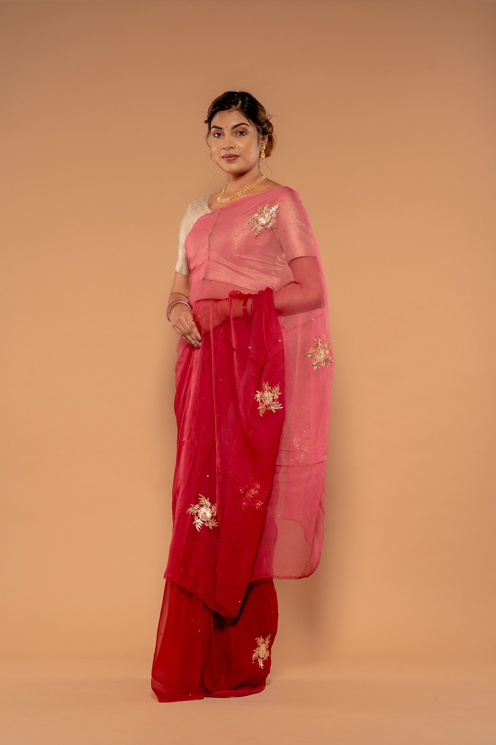 Rust Wine Viscose Chiffon Aari sequins buti Handwork Saree