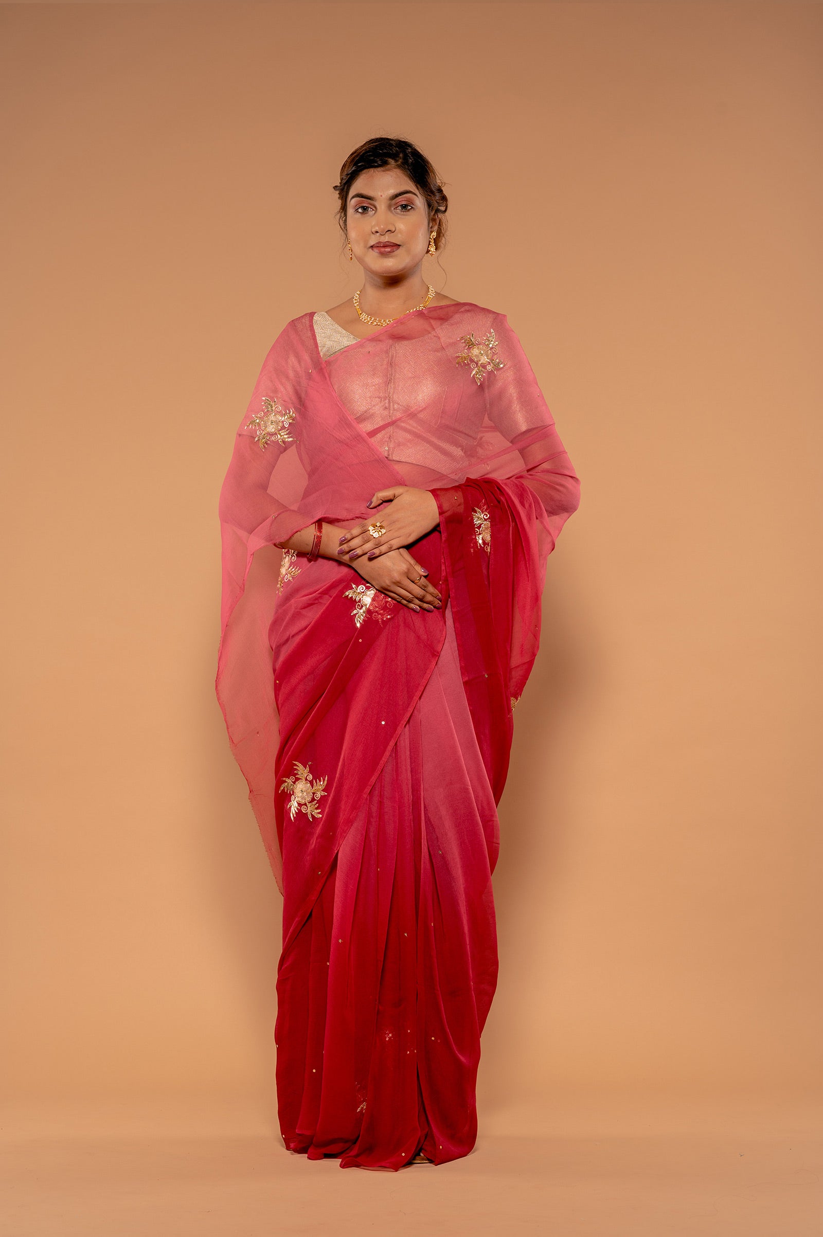 Rust Wine Viscose Chiffon Aari sequins buti Handwork Saree