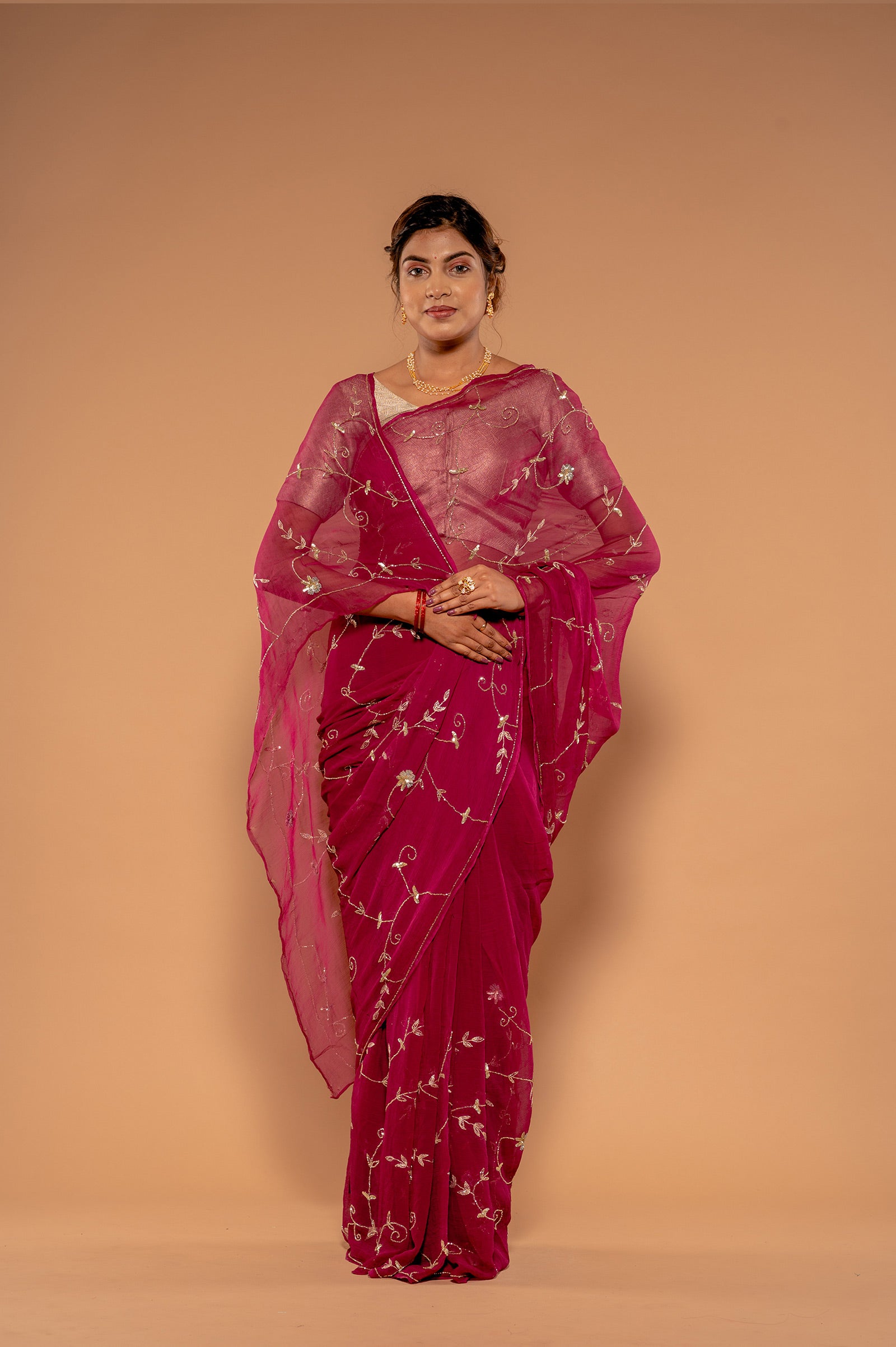 Wine Viscose Chiffon Aari sequins Jaal Handwork Saree