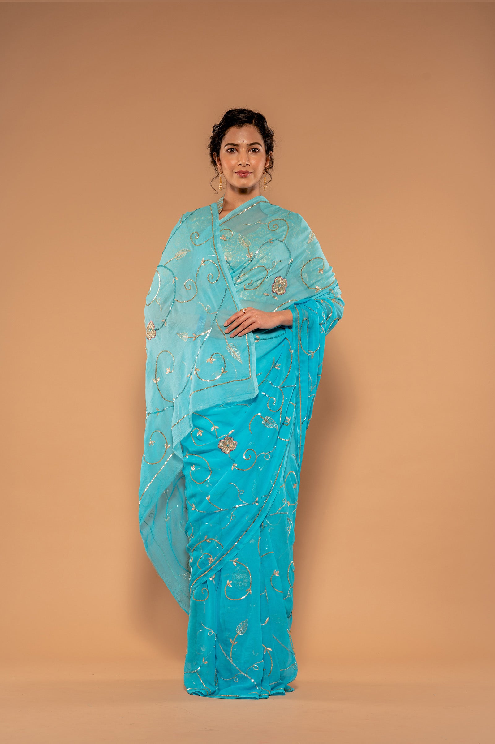 Sky Blue Viscose Chiffon Aari Sequnece jaal Handwork Saree