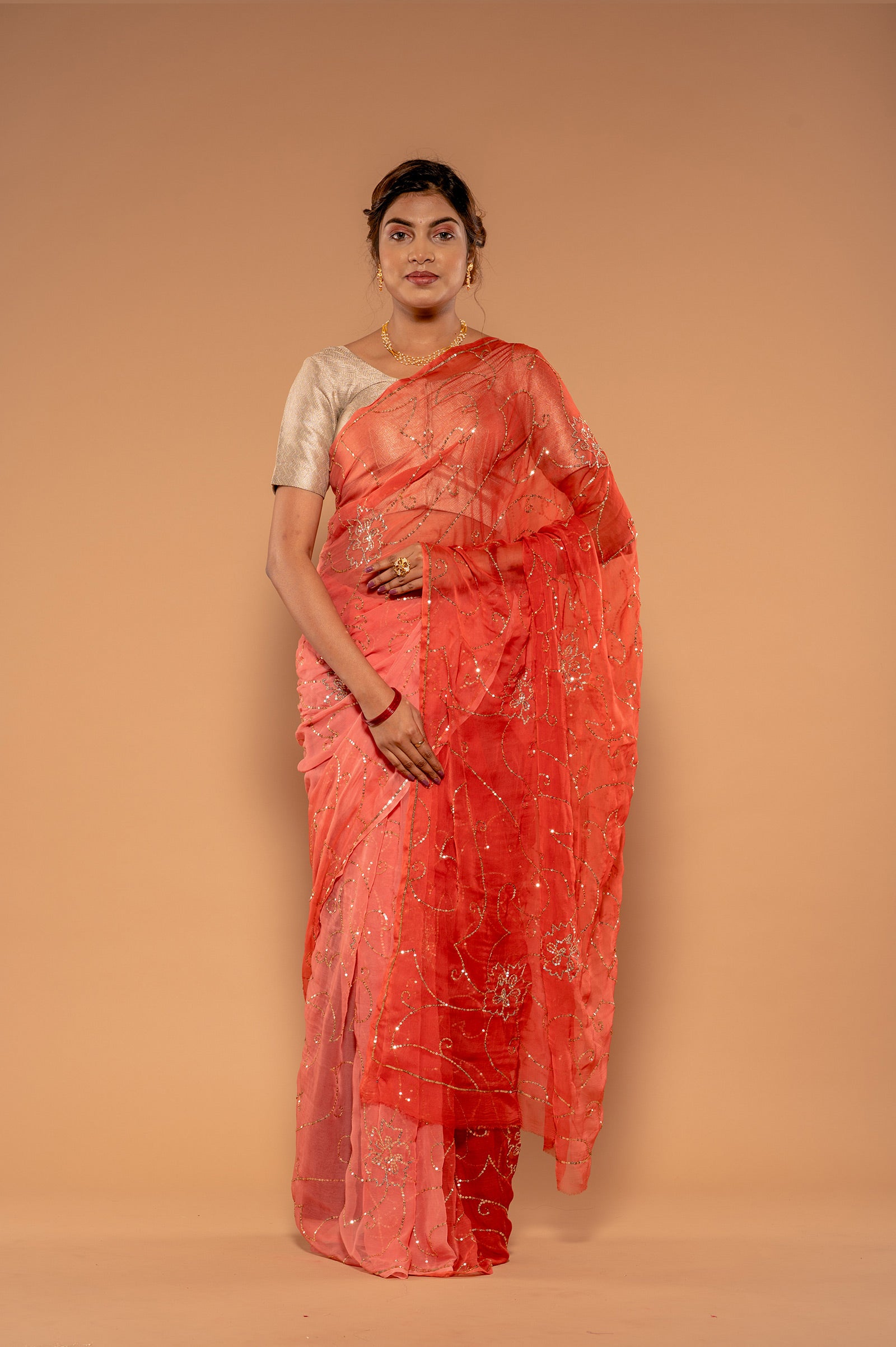 Orange Viscose Chiffon sequins Jaal Handwork Party wear Saree