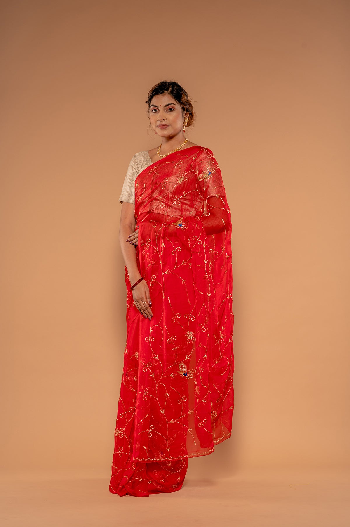 Red Viscose Chiffon aari sequins jaal Handwork Saree