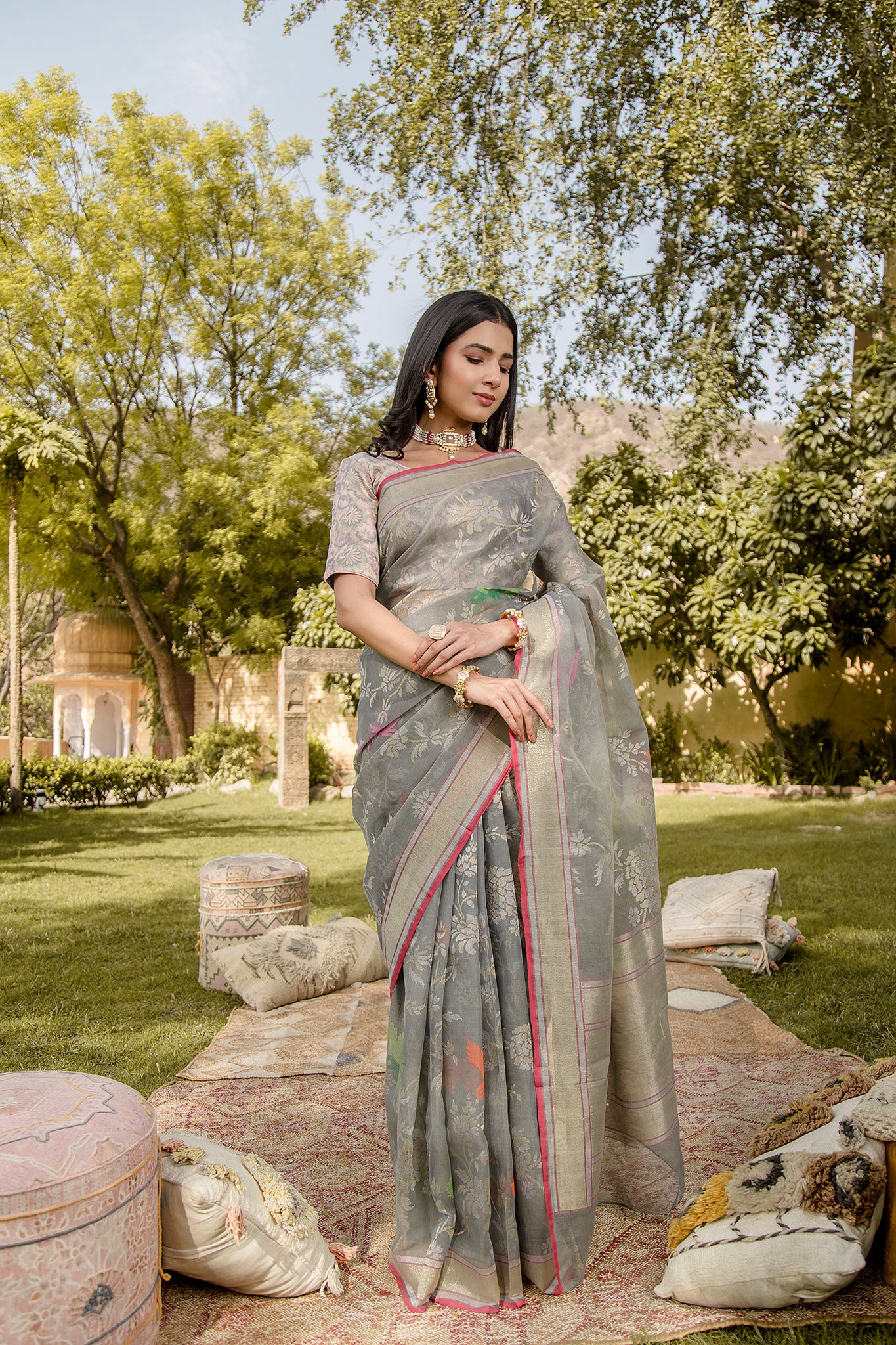 Grey Pure Chanderi Real Silver Zari Handwork Saree