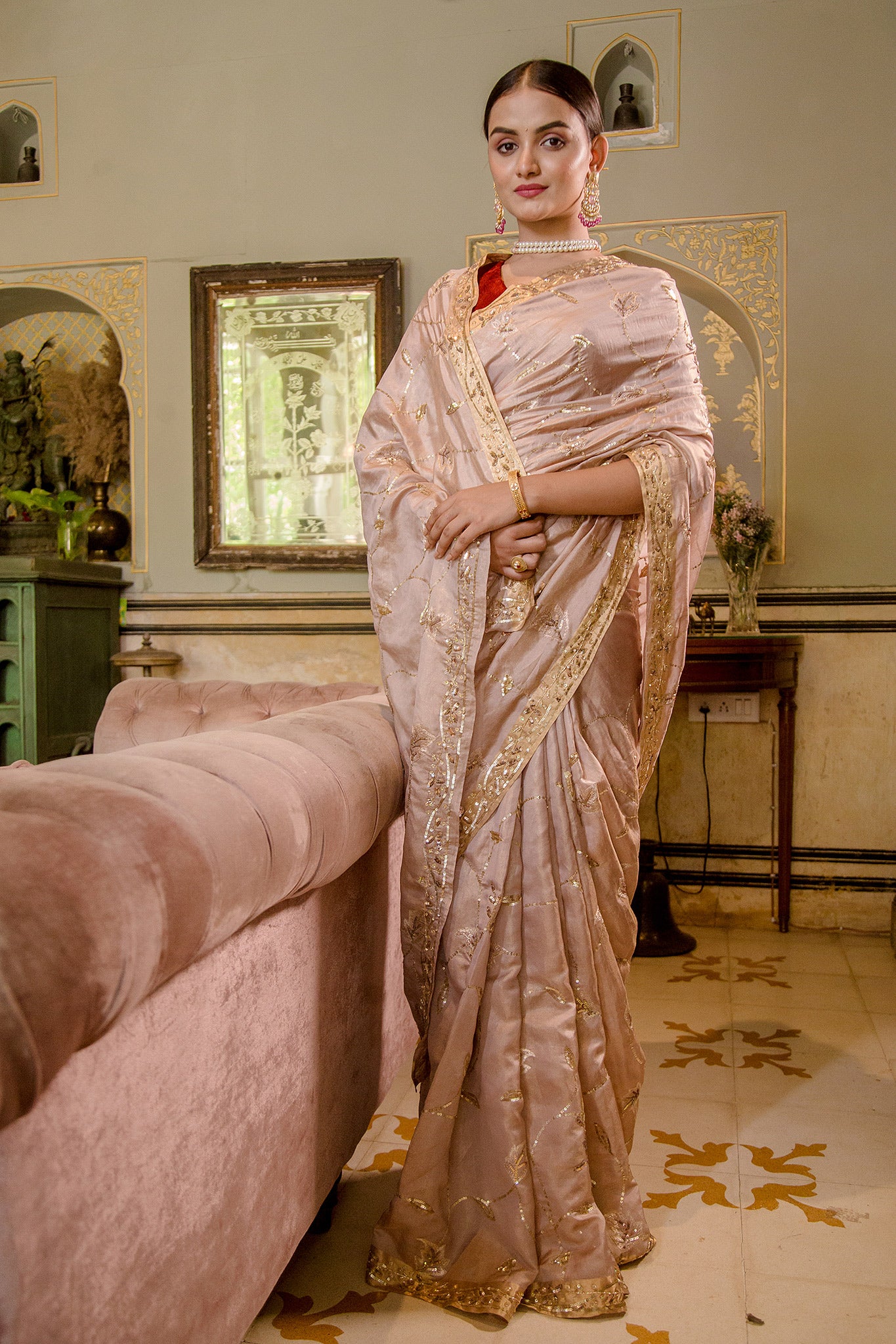 Beige pure tissue sequins Jaal handwork saree