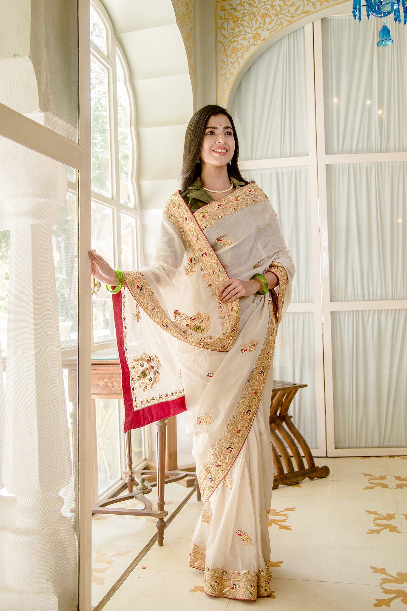 Creme Pure Chiffon zardoji border butti handwork saree