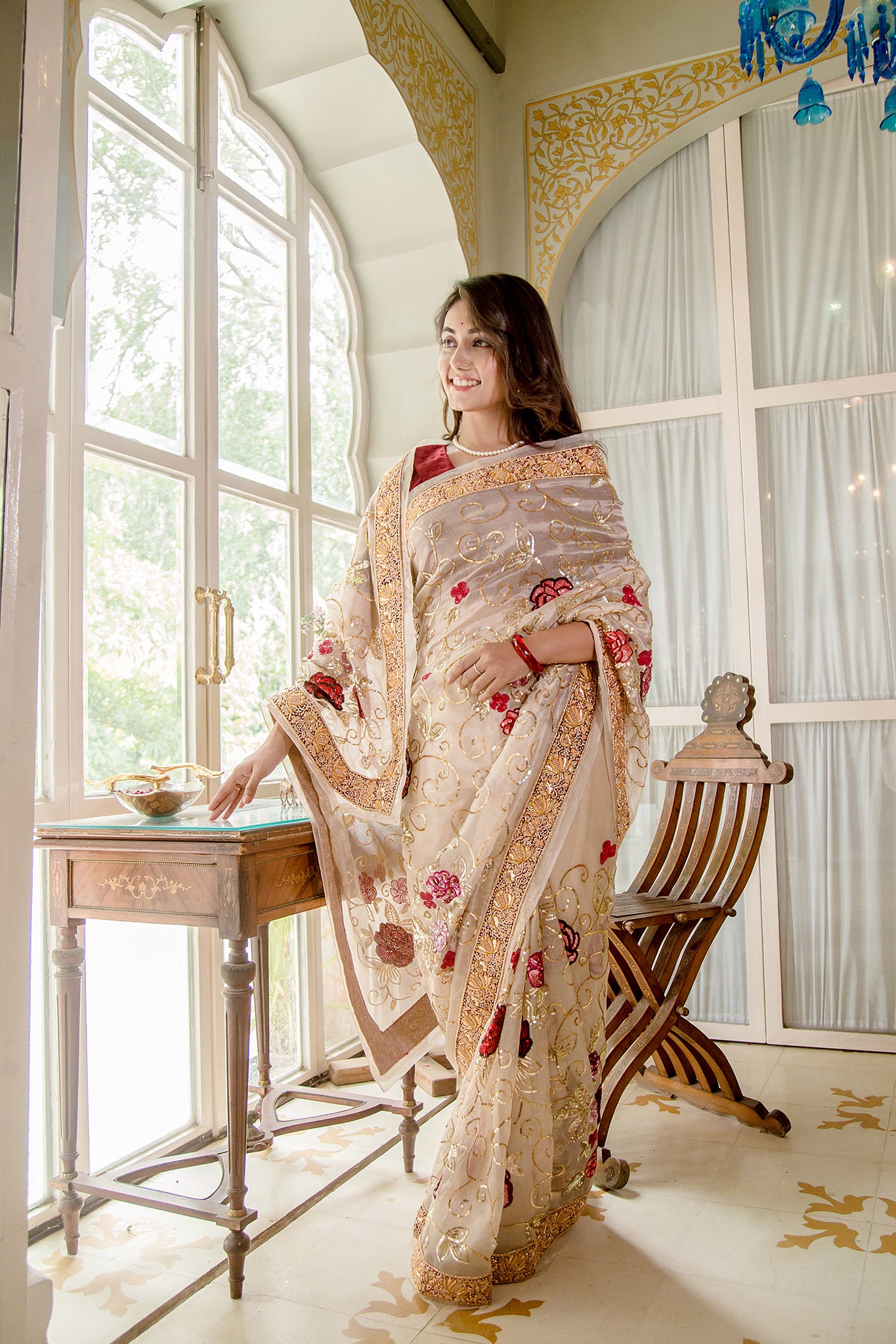 beige Pure Chiffon zardozi border sequins butti/ motif jaal handwork saree