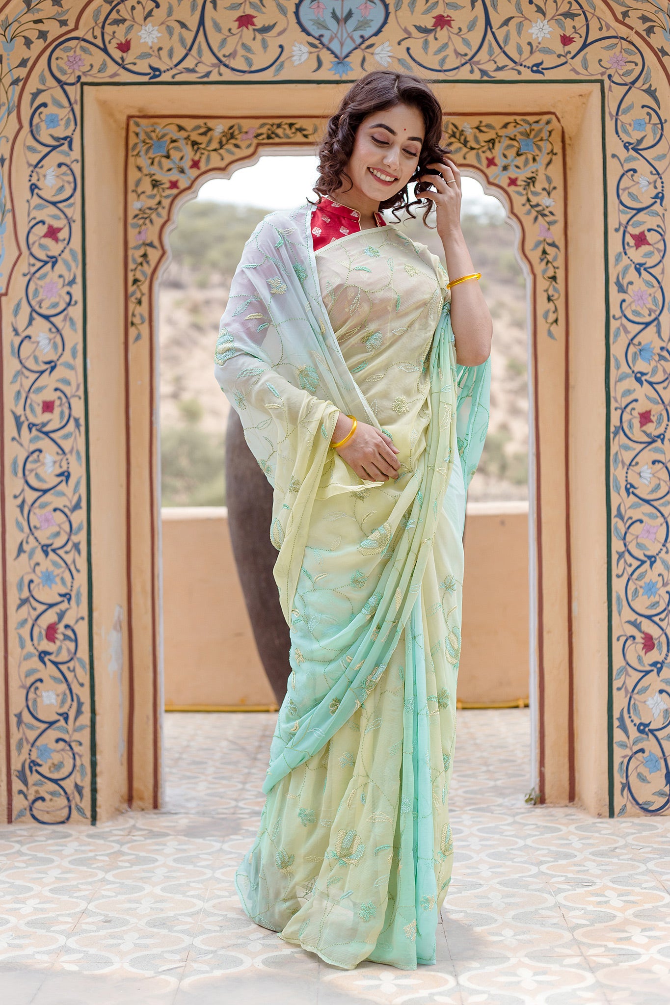 Pastel Shaded Pure Platinum Chiffon Resham Knot Jaal Handwork Saree