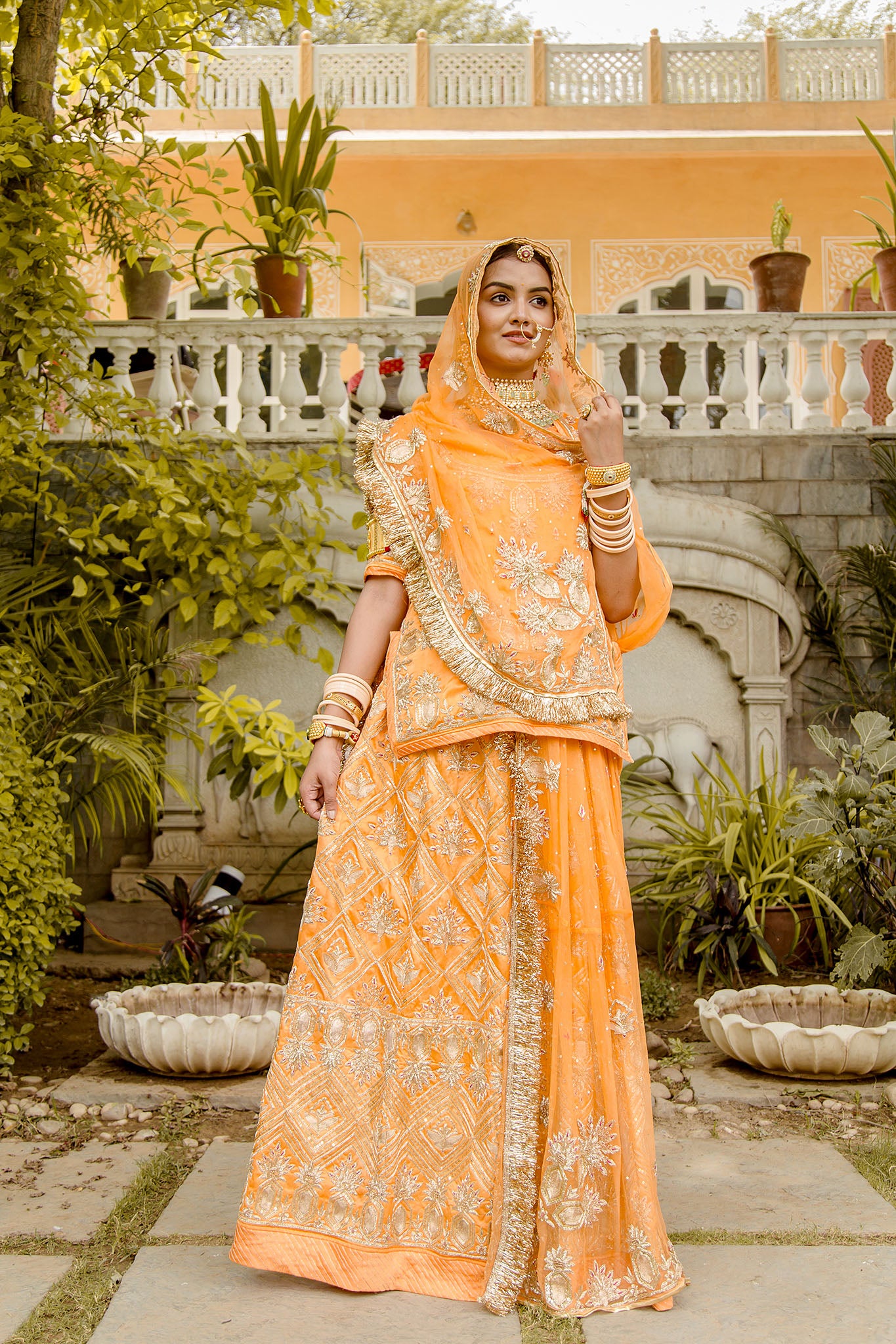 peach pure silk Satin aari zardozi handwork poshak with pure odhna