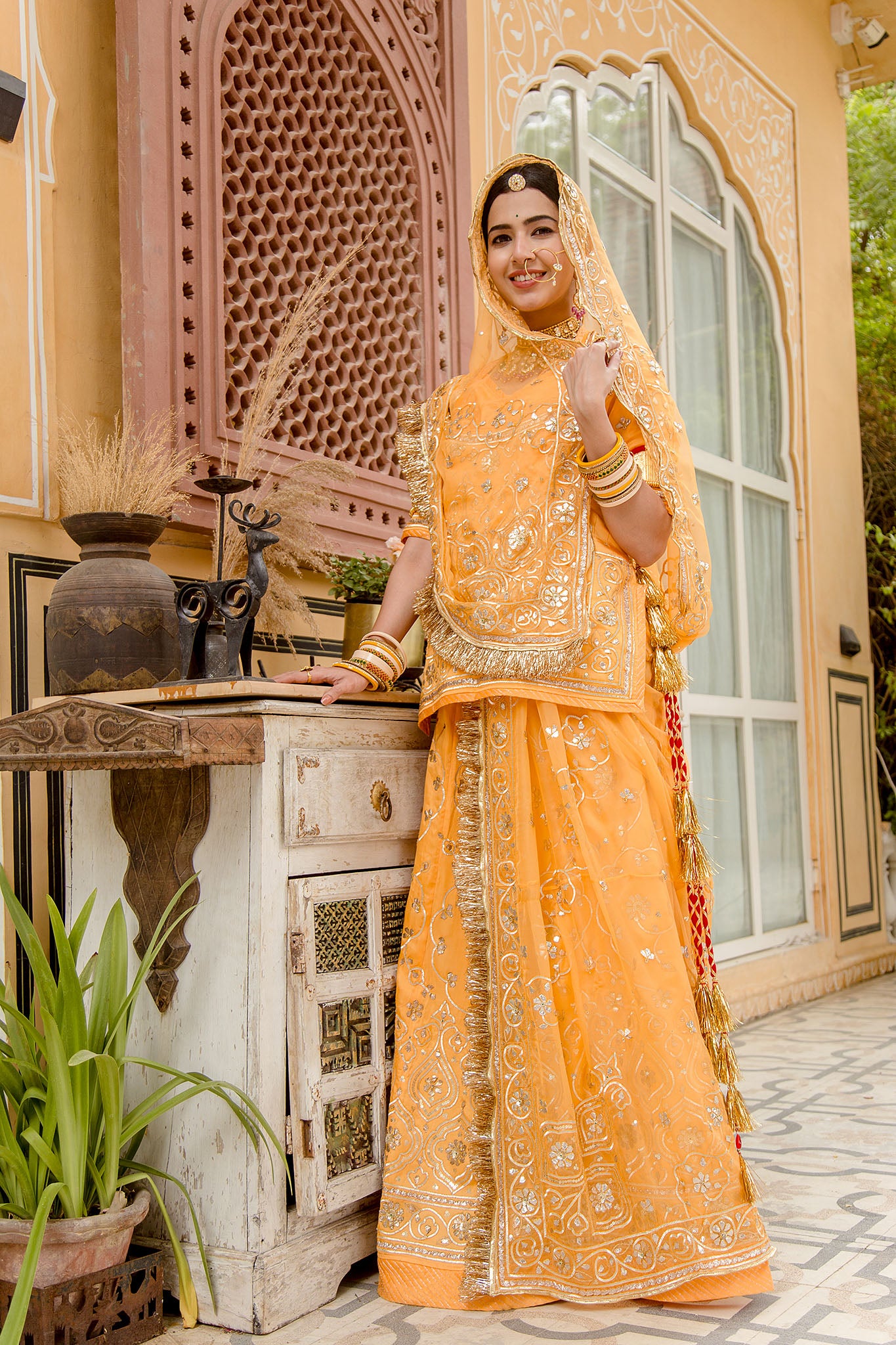 butterscotch bamber satin sikhiya gota patti jaal handwork poshak with pure odhna