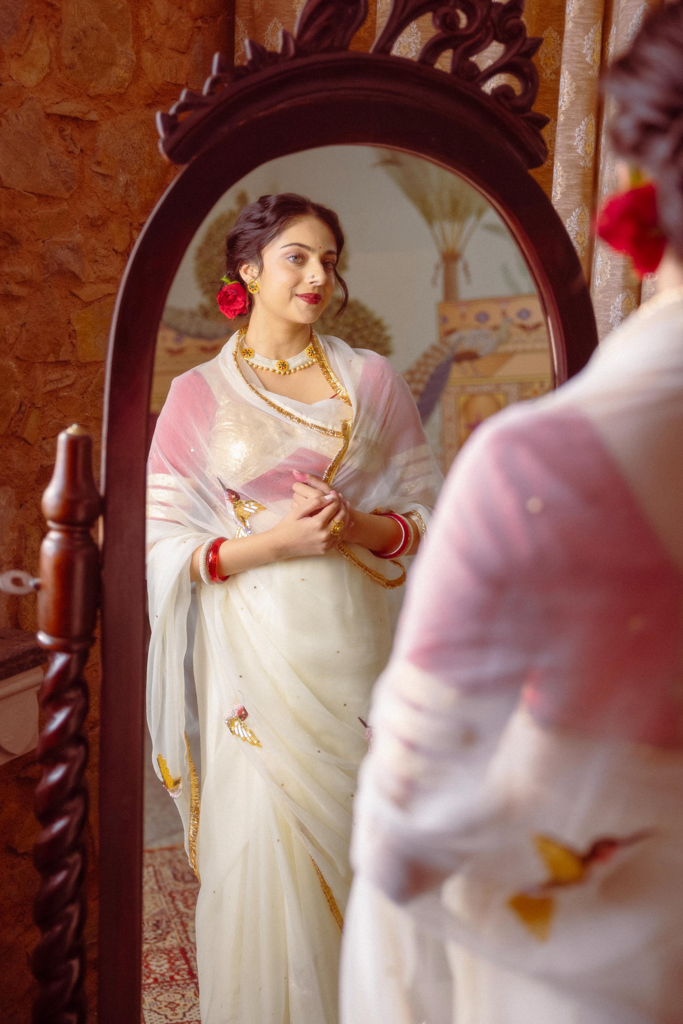 White Viscose Chiffon Aari Resham Sequins  Handwork    Saree