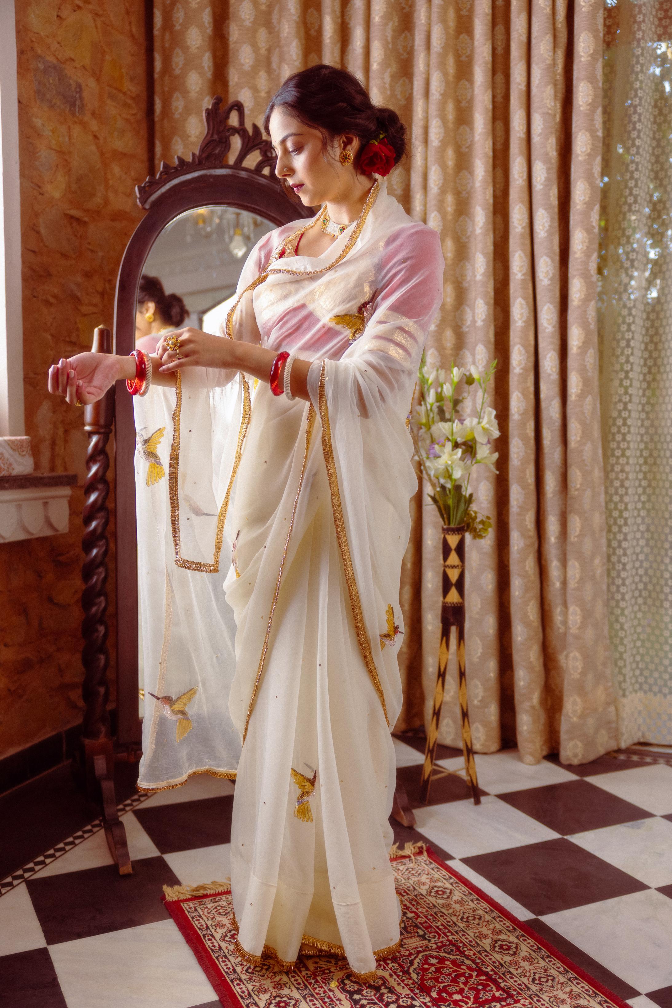 White Viscose Chiffon Aari Resham Sequins  Handwork    Saree