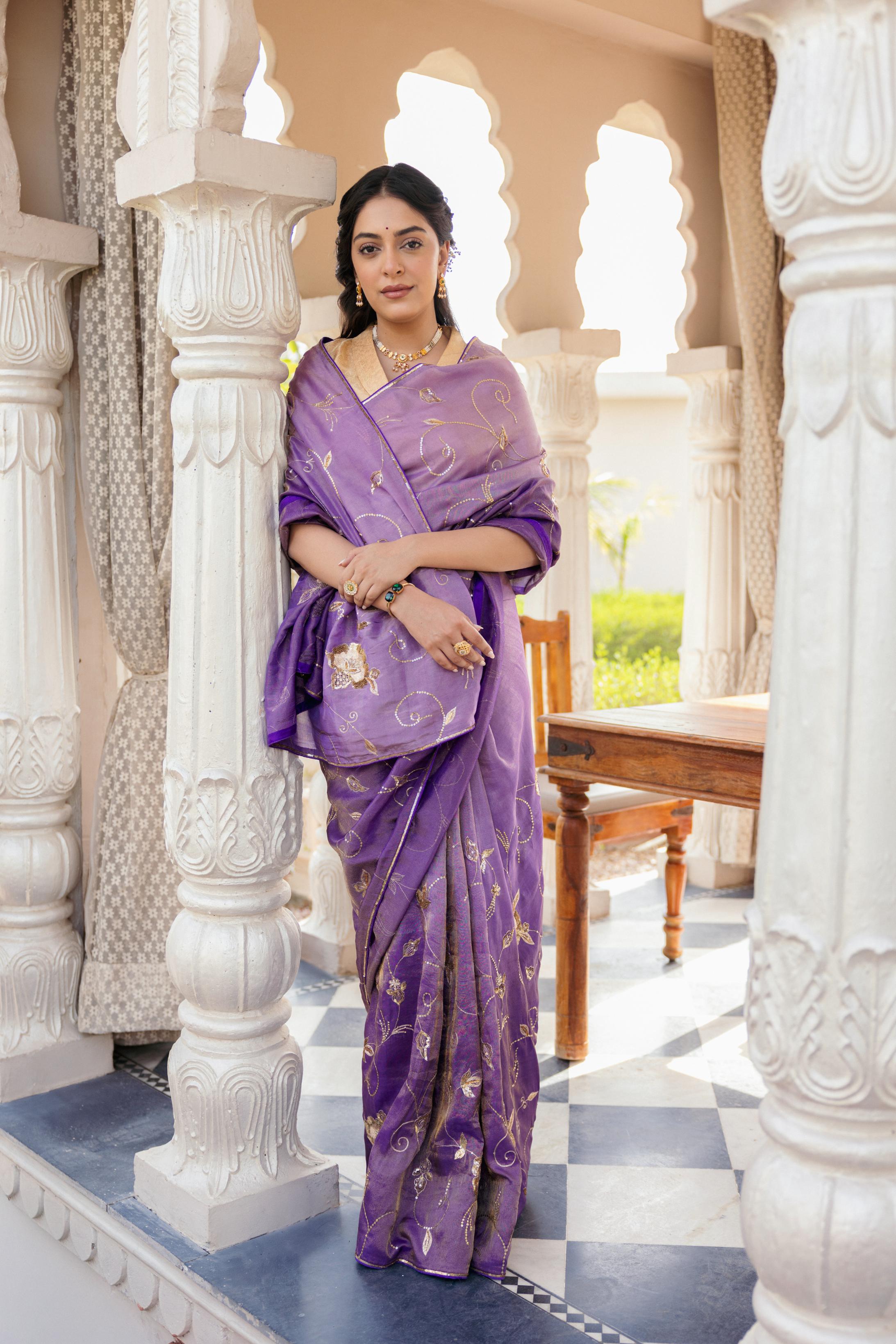 Purple Tissue Aari Tari Jaal work Saree Handwork   Saree