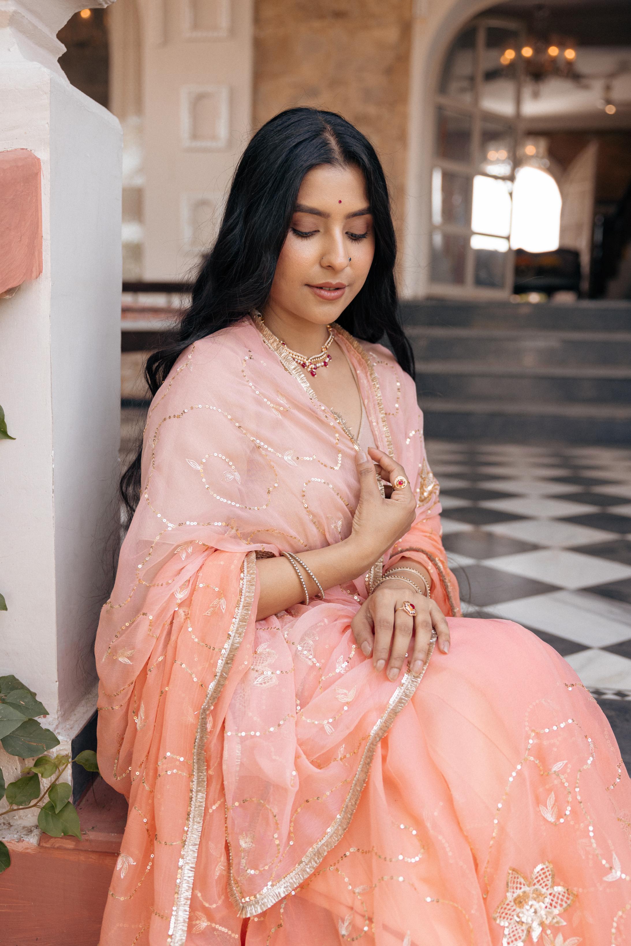 Peach  Viscose Chiffon Aari Tari Jaal Cutwork Handwork   Saree