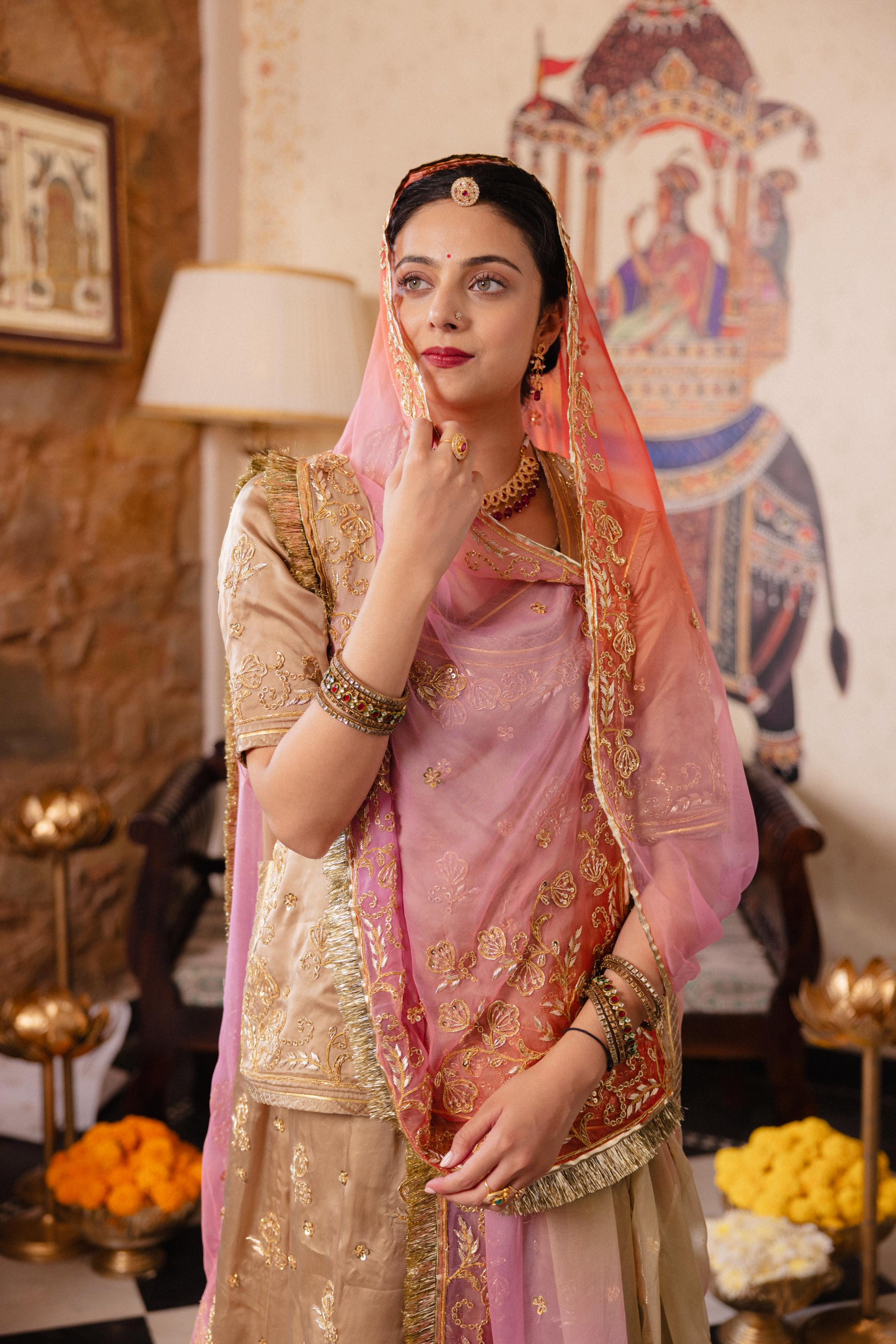 Chikku Bamber Satin  Dori Zardozi  Handwork   Poshak (Unstitched)