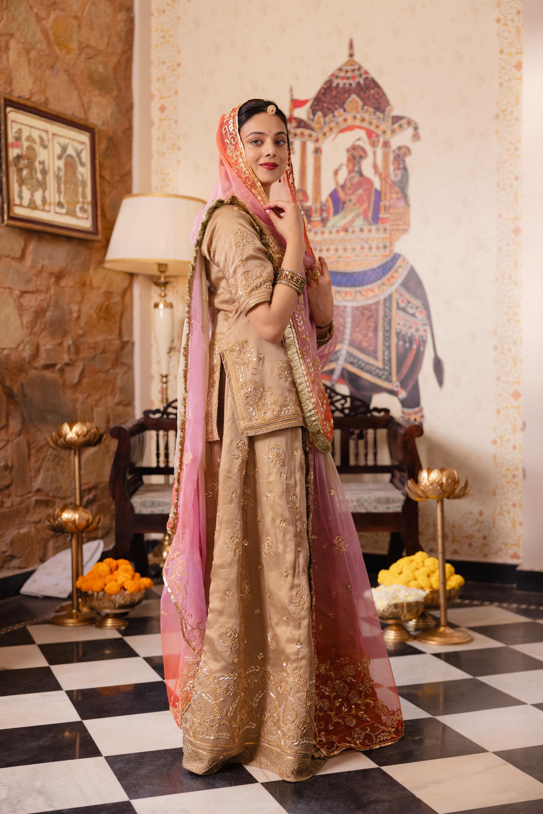 Chikku Bamber Satin  Dori Zardozi  Handwork   Poshak (Unstitched)