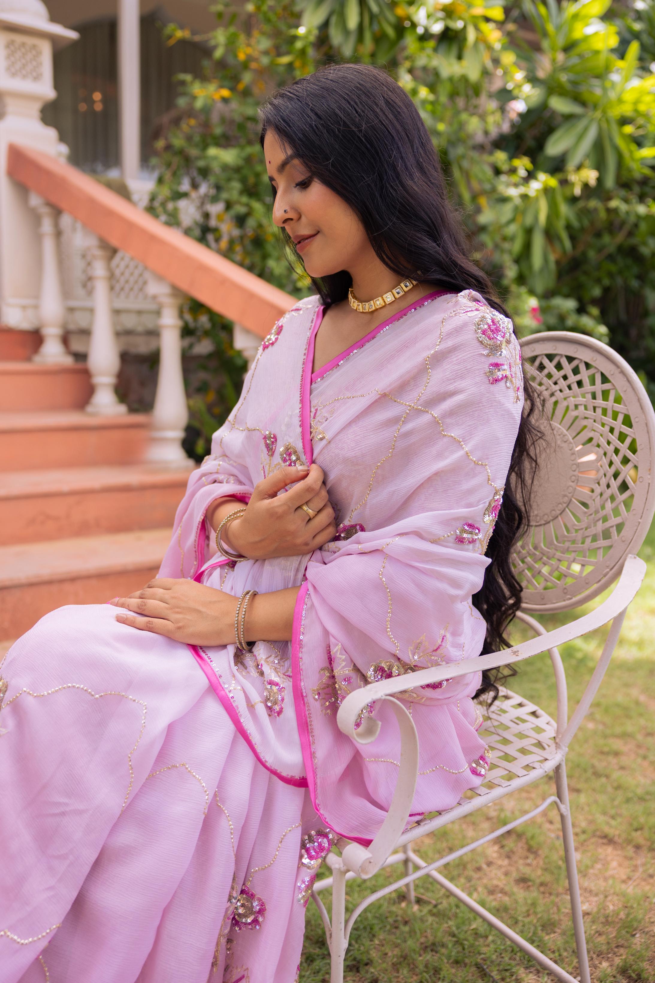Lavender  Pure Chiffon Aari Katori Jaal  Handwork   Saree