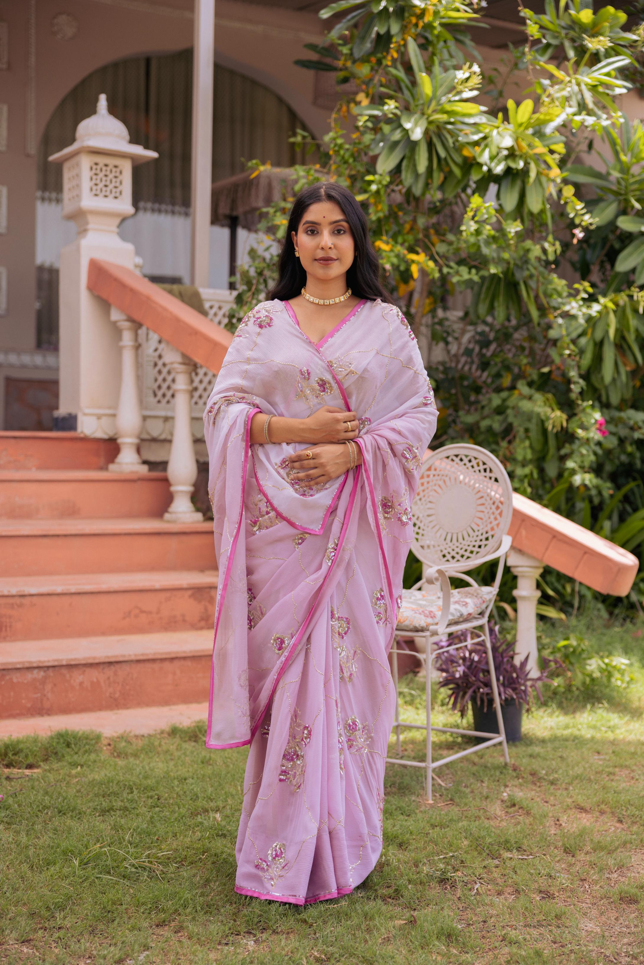 Lavender  Pure Chiffon Aari Katori Jaal  Handwork   Saree