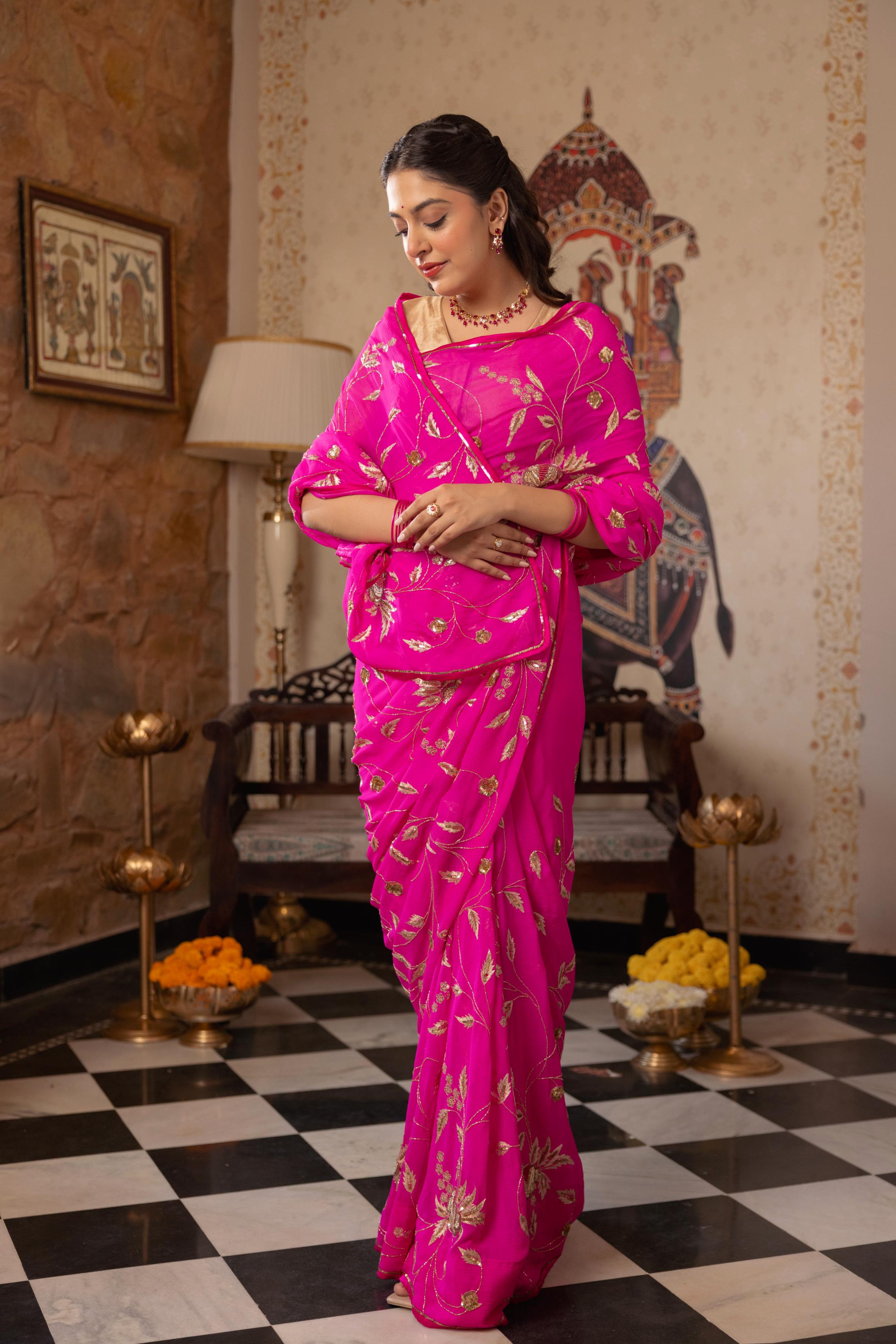 Neon Pink  Pure Chiffon Aari Sequins Zardozi Jaal Handwork   Saree