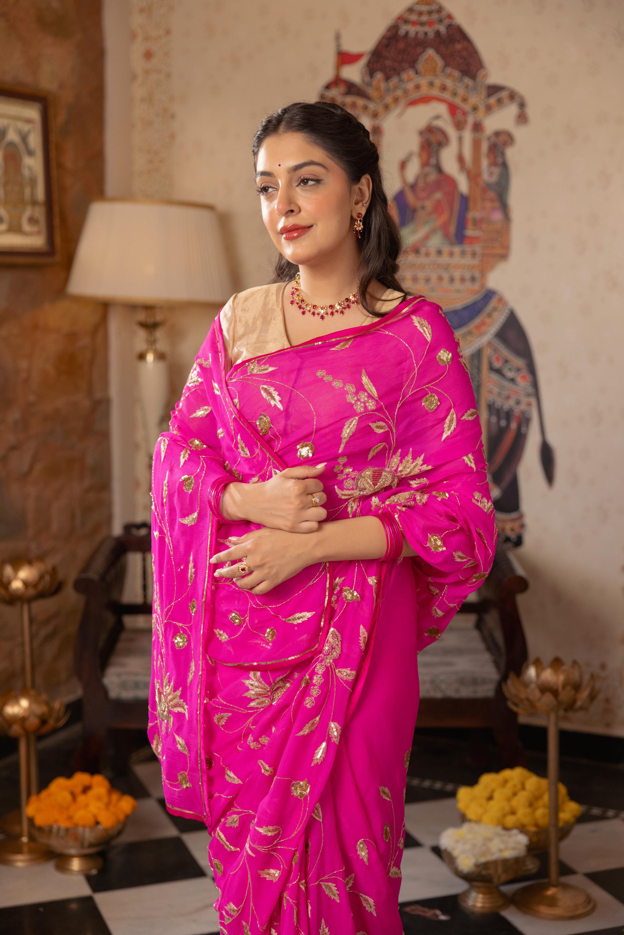 Neon Pink  Pure Chiffon Aari Sequins Zardozi Jaal Handwork   Saree