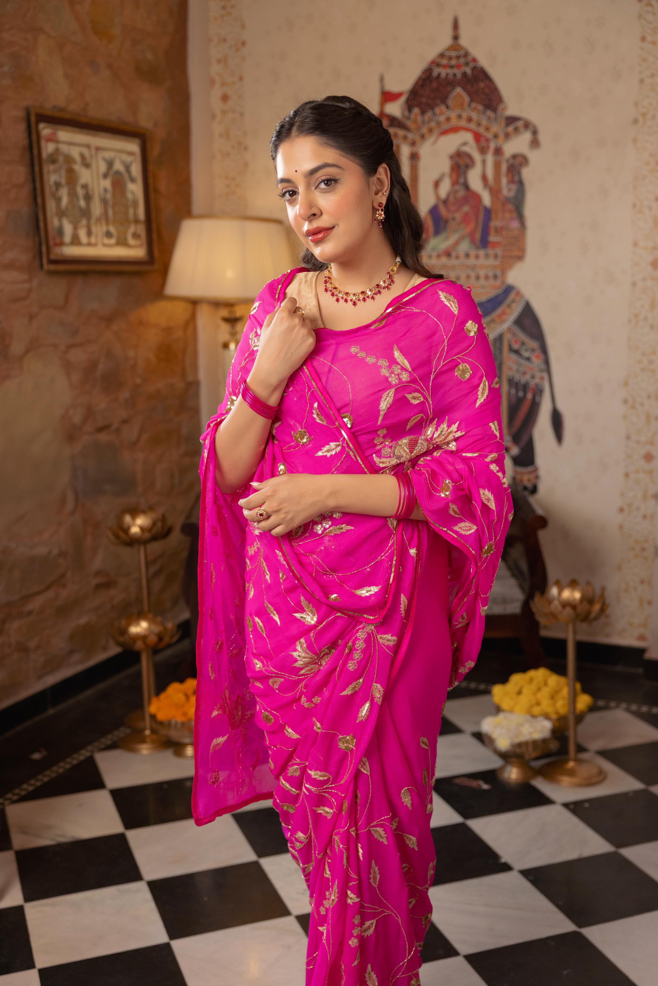 Neon Pink  Pure Chiffon Aari Sequins Zardozi Jaal Handwork   Saree