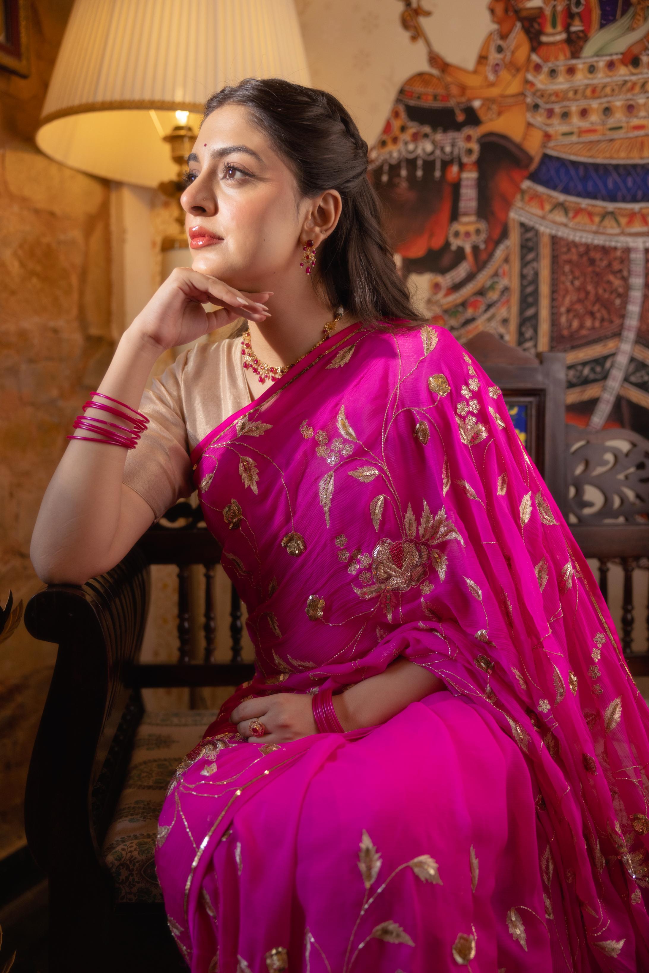 Neon Pink  Pure Chiffon Aari Sequins Zardozi Jaal Handwork   Saree