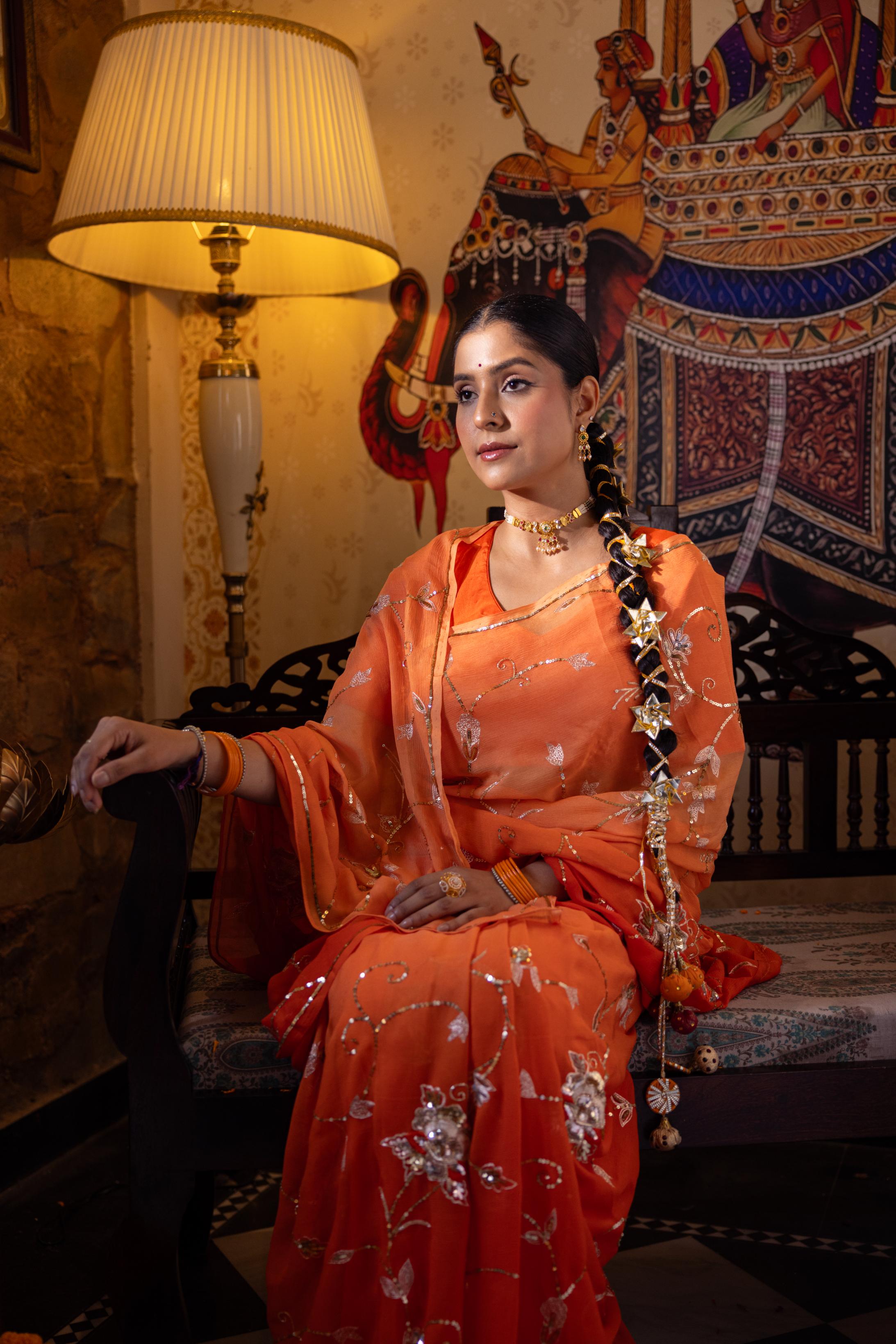 Orange  Pure Chiffon Aari Sequins Jaal  Handwork   Saree