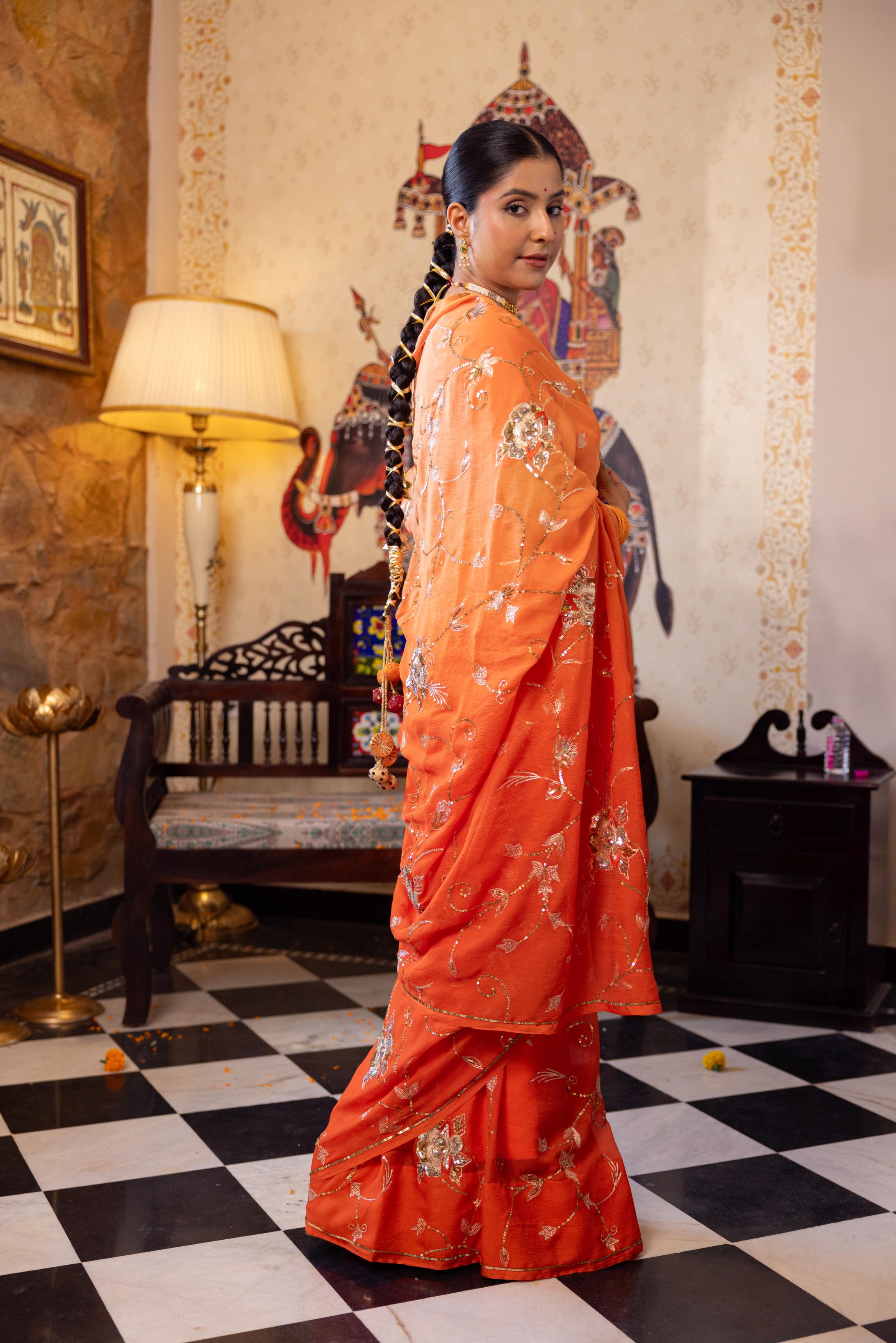 Orange  Pure Chiffon Aari Sequins Jaal  Handwork   Saree