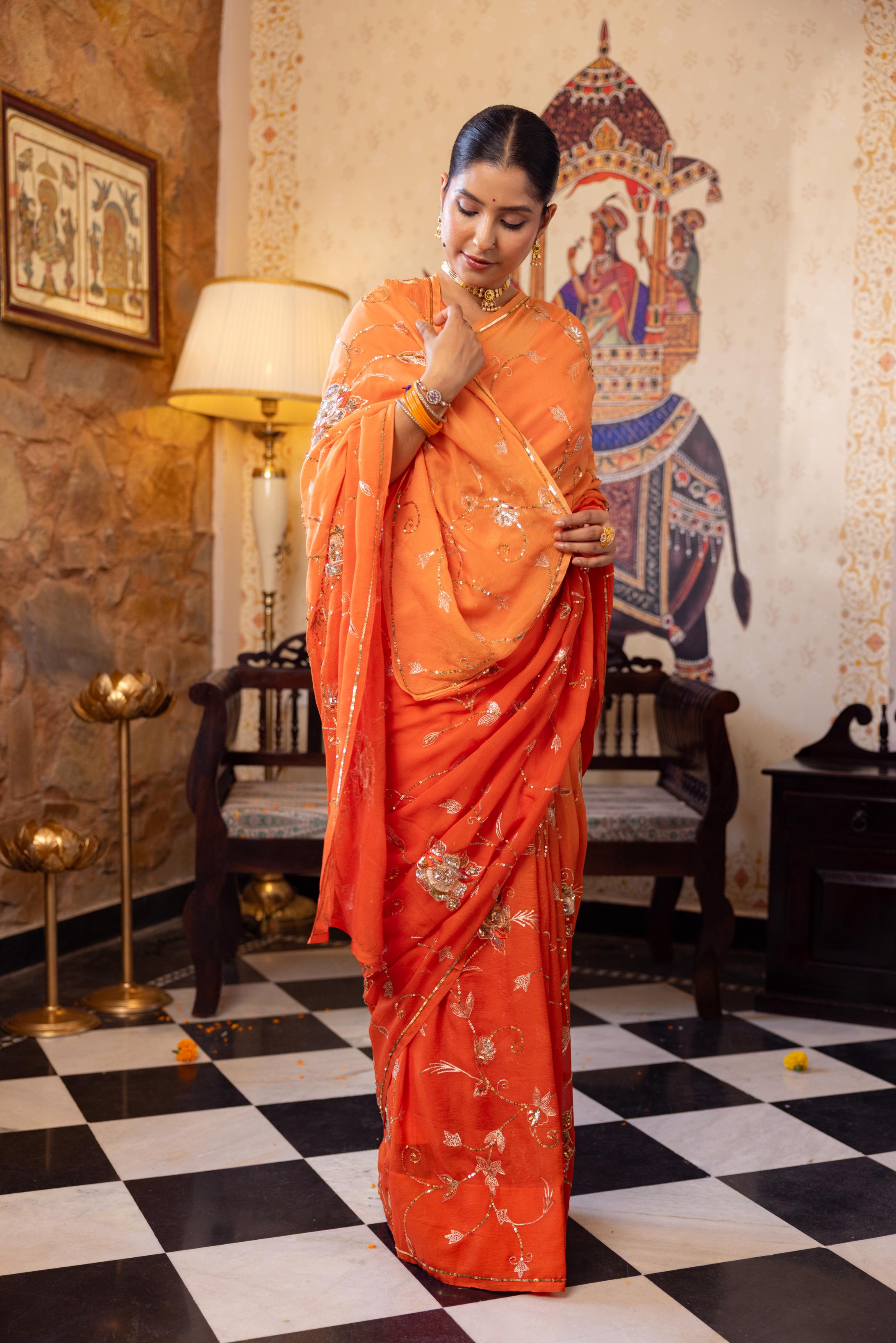 Orange  Pure Chiffon Aari Sequins Jaal  Handwork   Saree