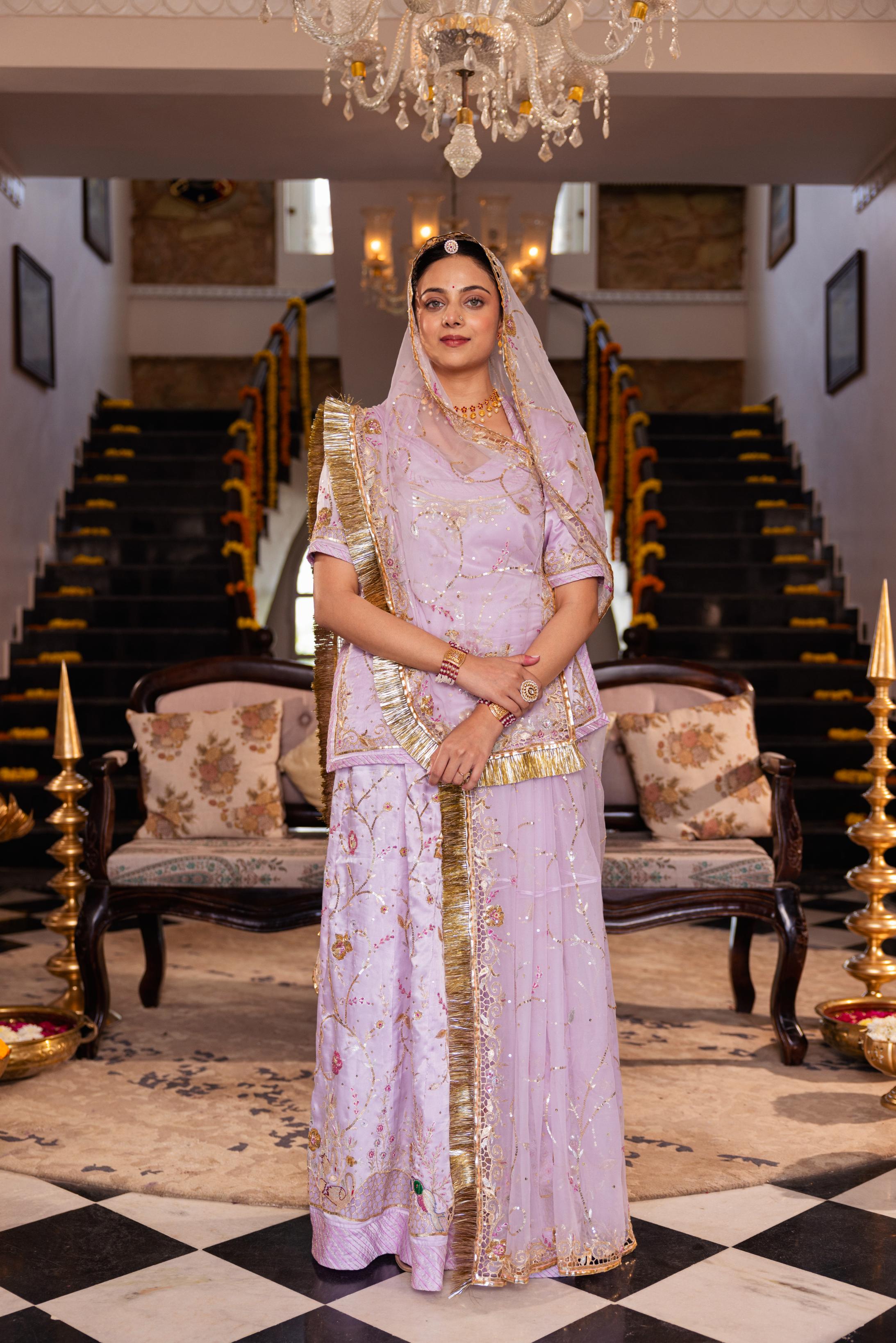 Pink  Pure Satin Aari Tari Resham Cutwork  Handwork   Poshak (Unstitched)