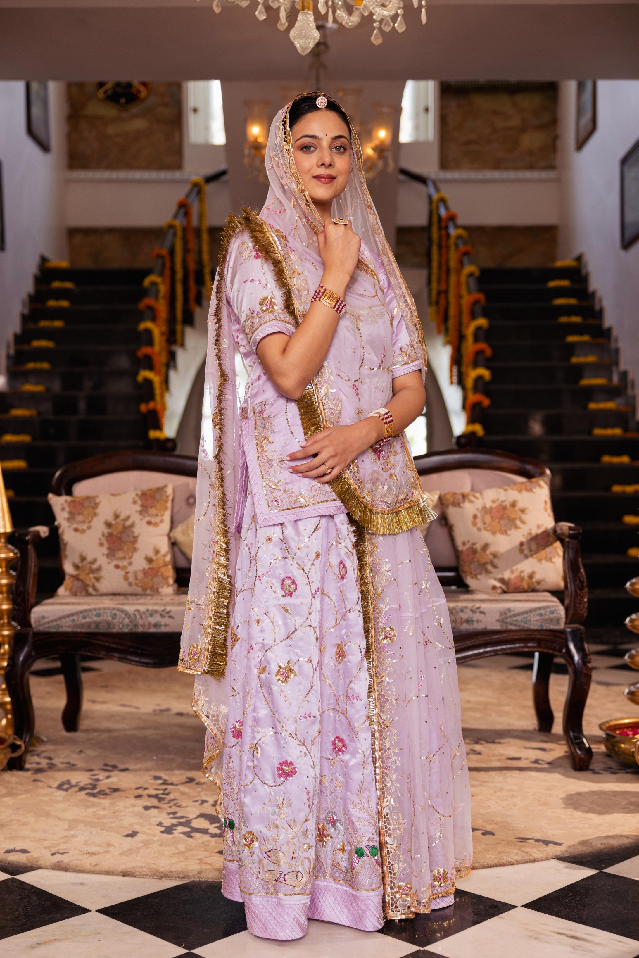 Pink  Pure Satin Aari Tari Resham Cutwork  Handwork   Poshak (Unstitched)