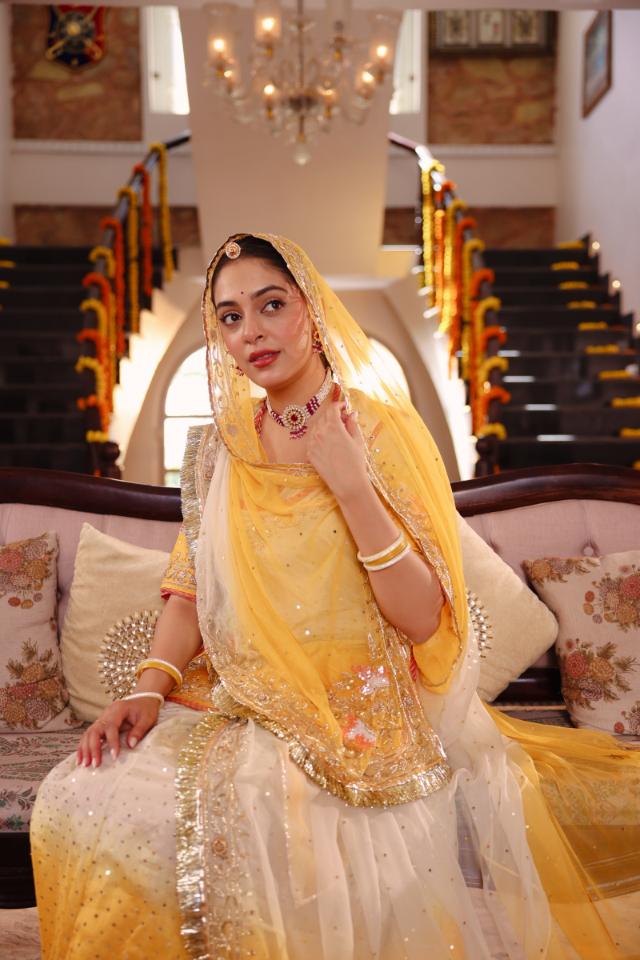 Yellow White Ombre Tissue Zardozi  Handwork   Poshak (Unstitched)