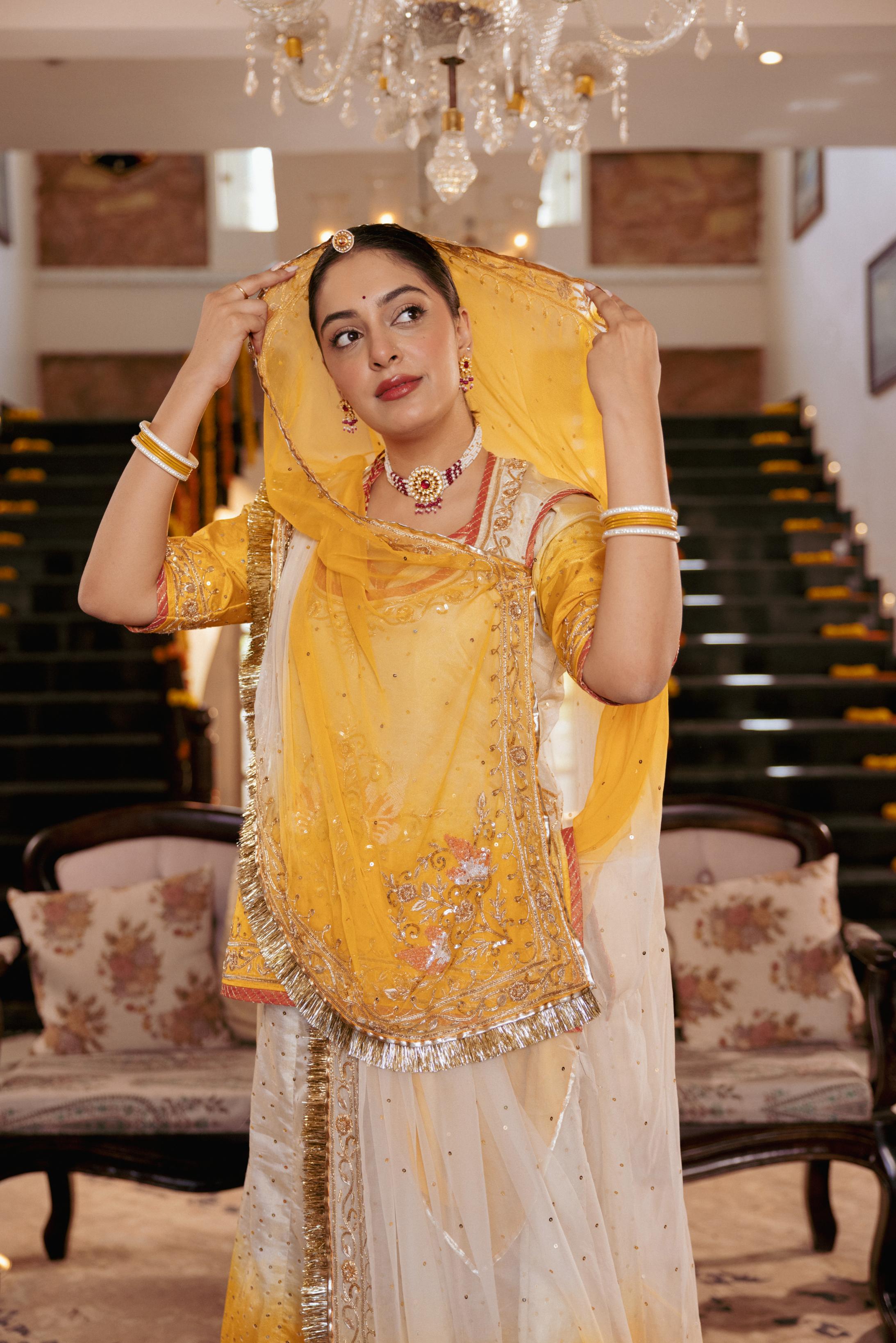Yellow White Ombre Tissue Zardozi  Handwork   Poshak (Unstitched)
