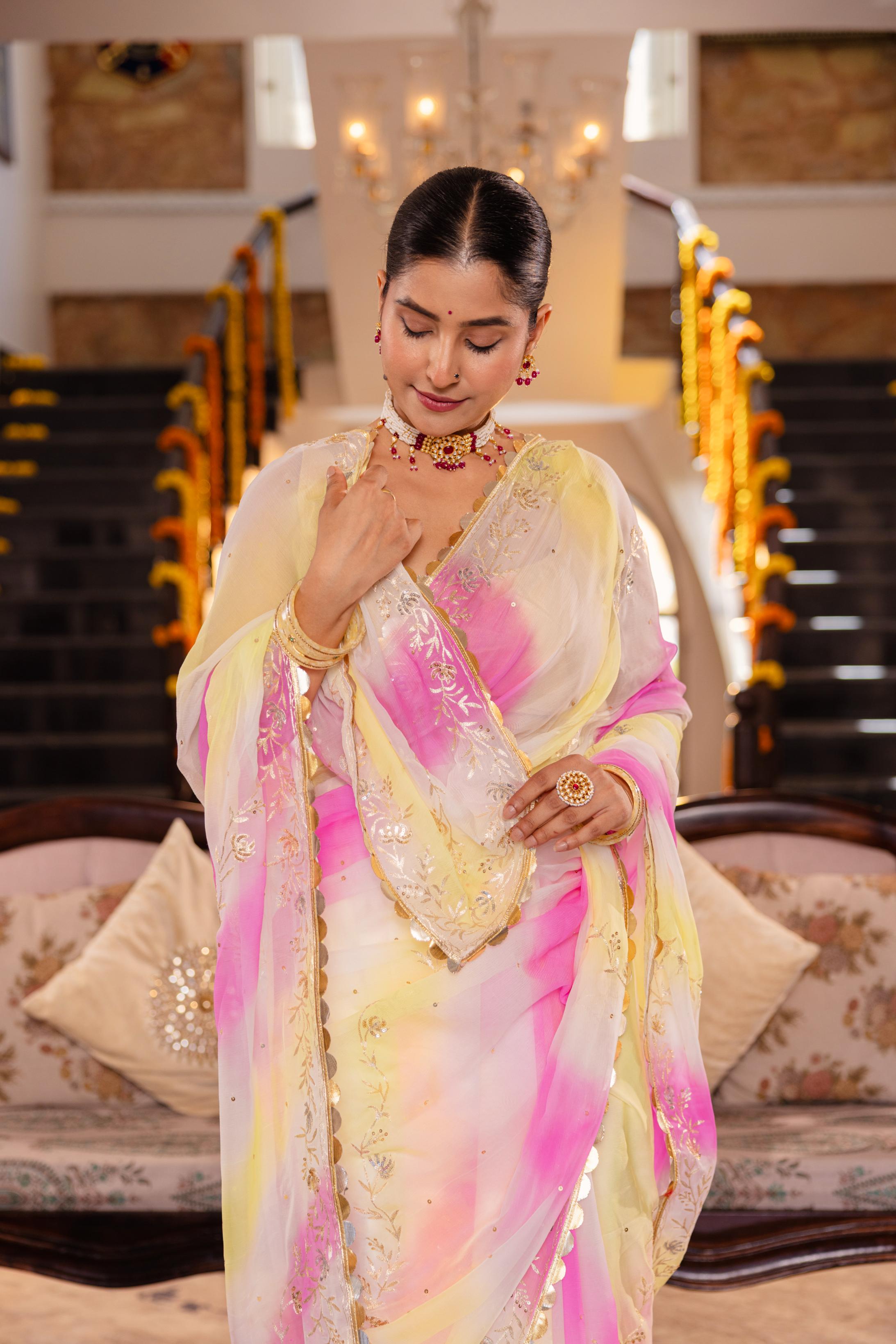 Samundar Leher  Pure Chiffon Aari Tari  Handwork   Saree