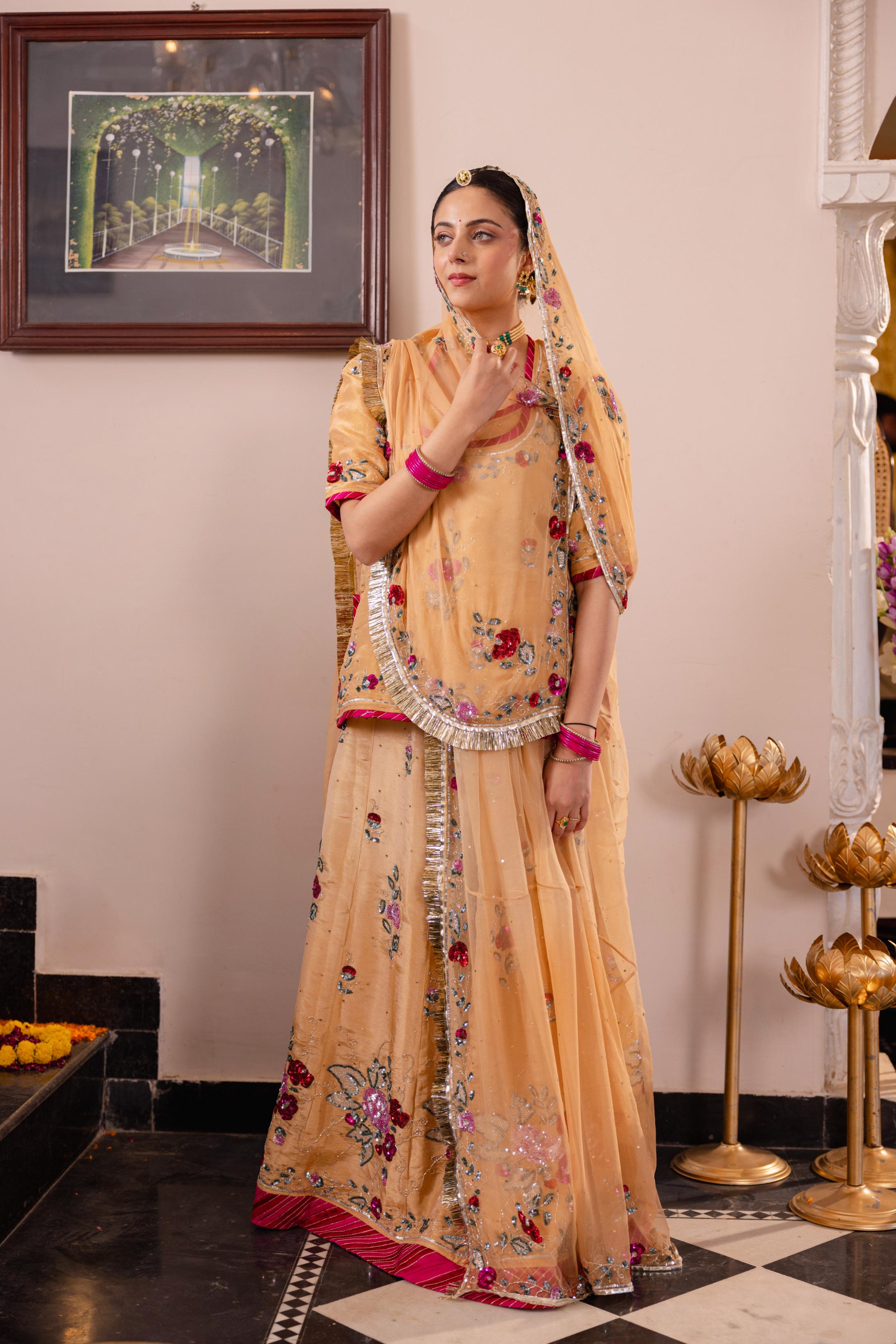 Beige Tissue Sequins Kardana Handwork   Poshak (Unstitched)