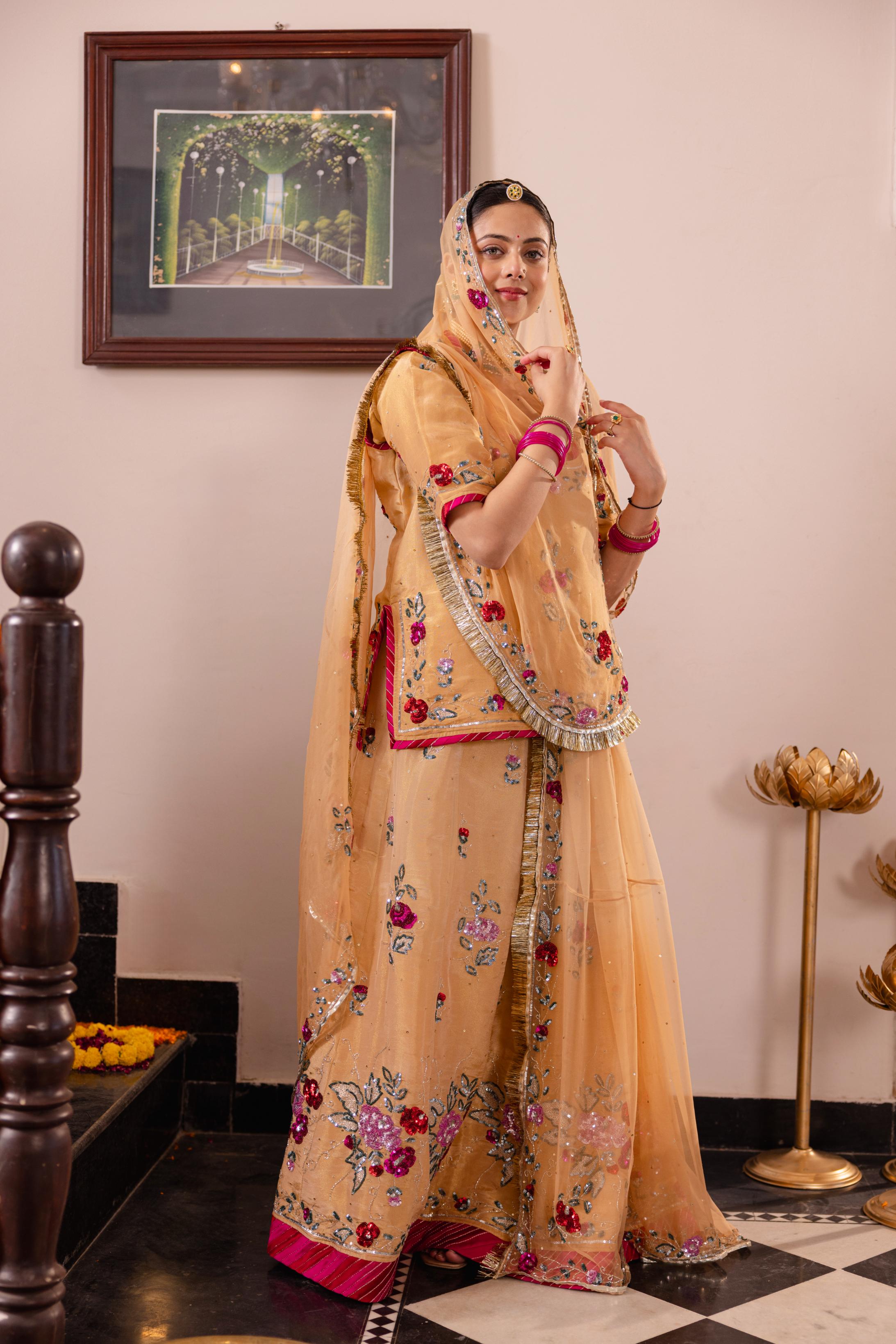 Beige Tissue Sequins Kardana Handwork   Poshak (Unstitched)