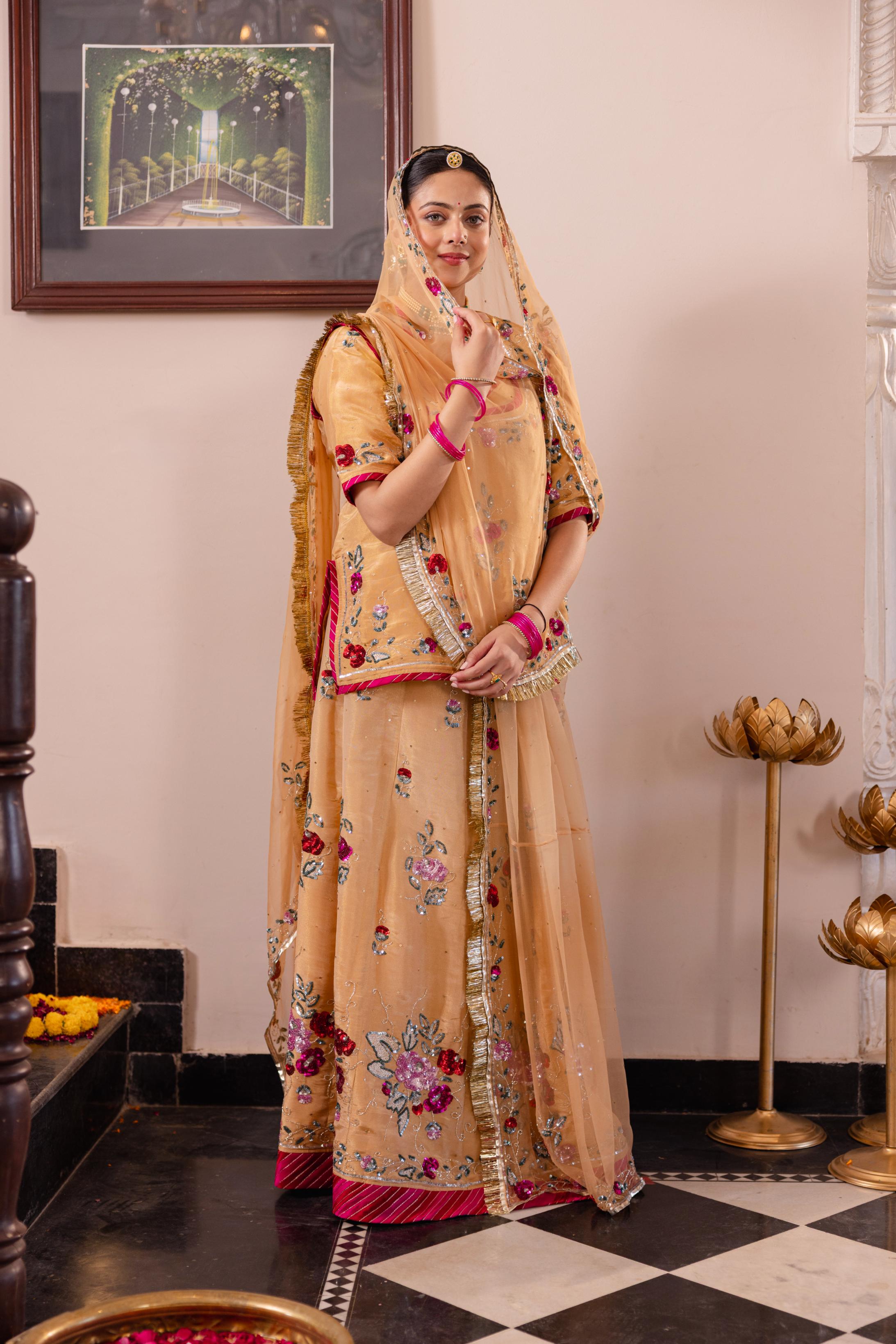 Beige Tissue Sequins Kardana Handwork   Poshak (Unstitched)