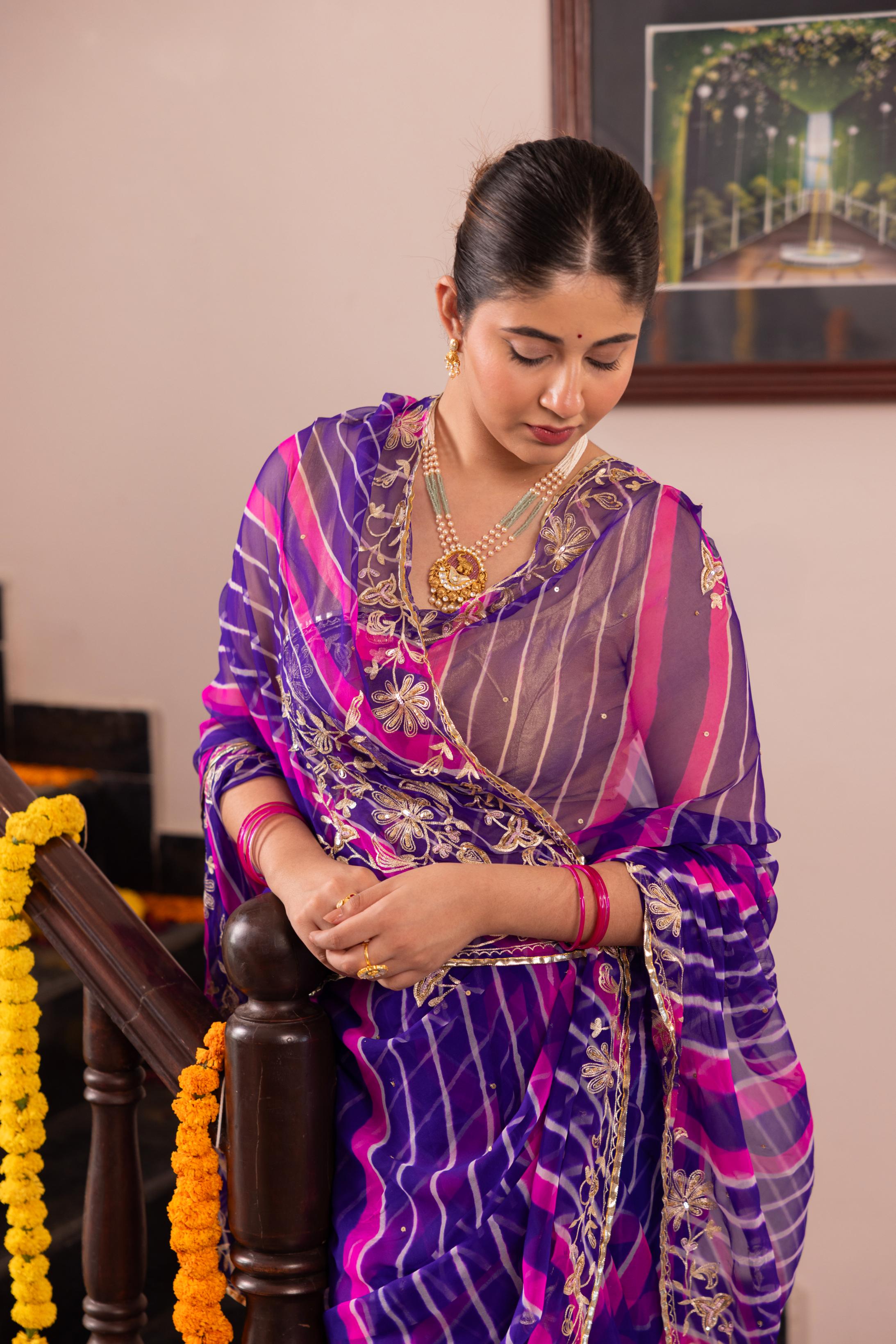 Purple Rani Leheriya  20 grms Pure Georgette Aari Tari  Handwork   Saree