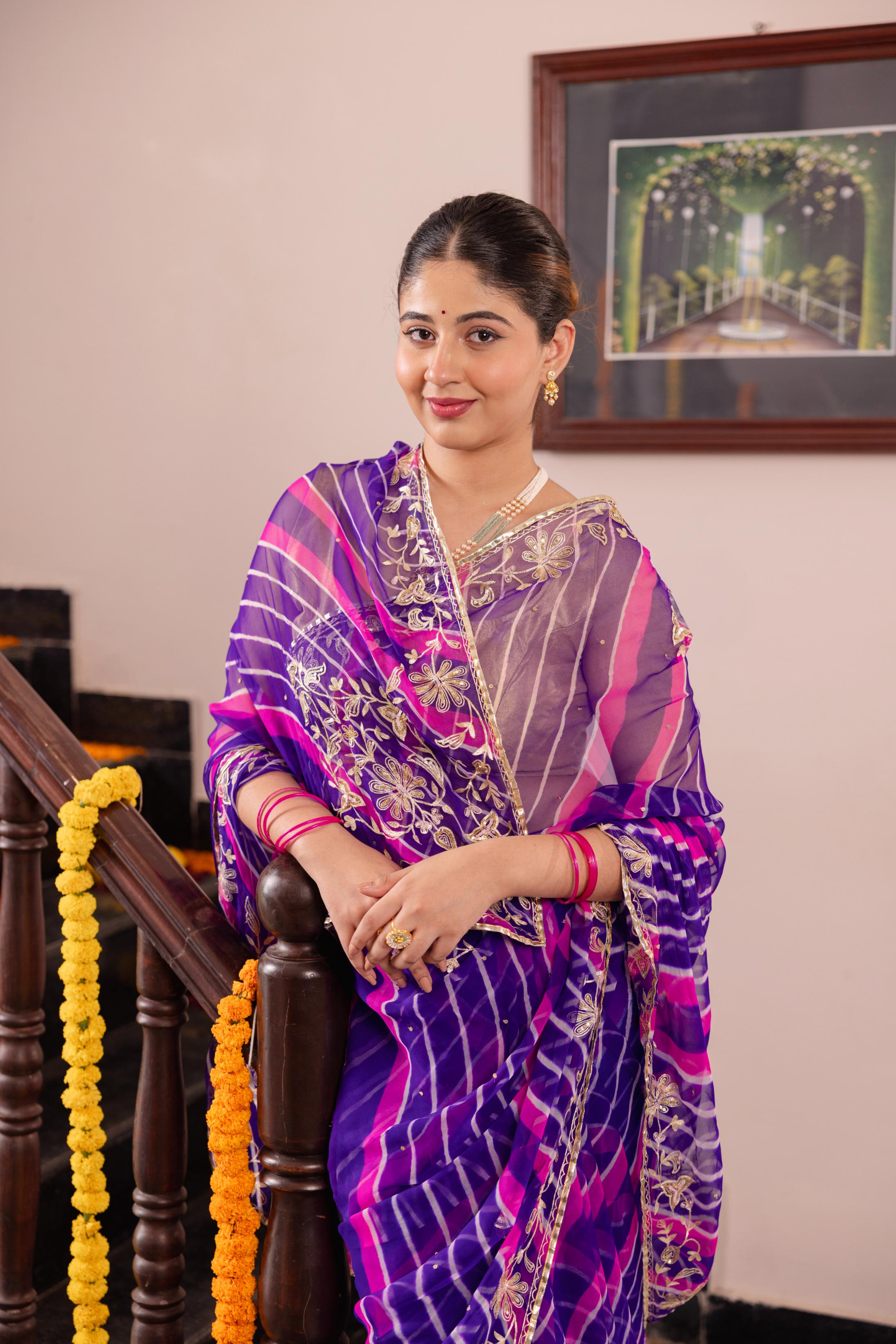 Purple Rani Leheriya  20 grms Pure Georgette Aari Tari  Handwork   Saree