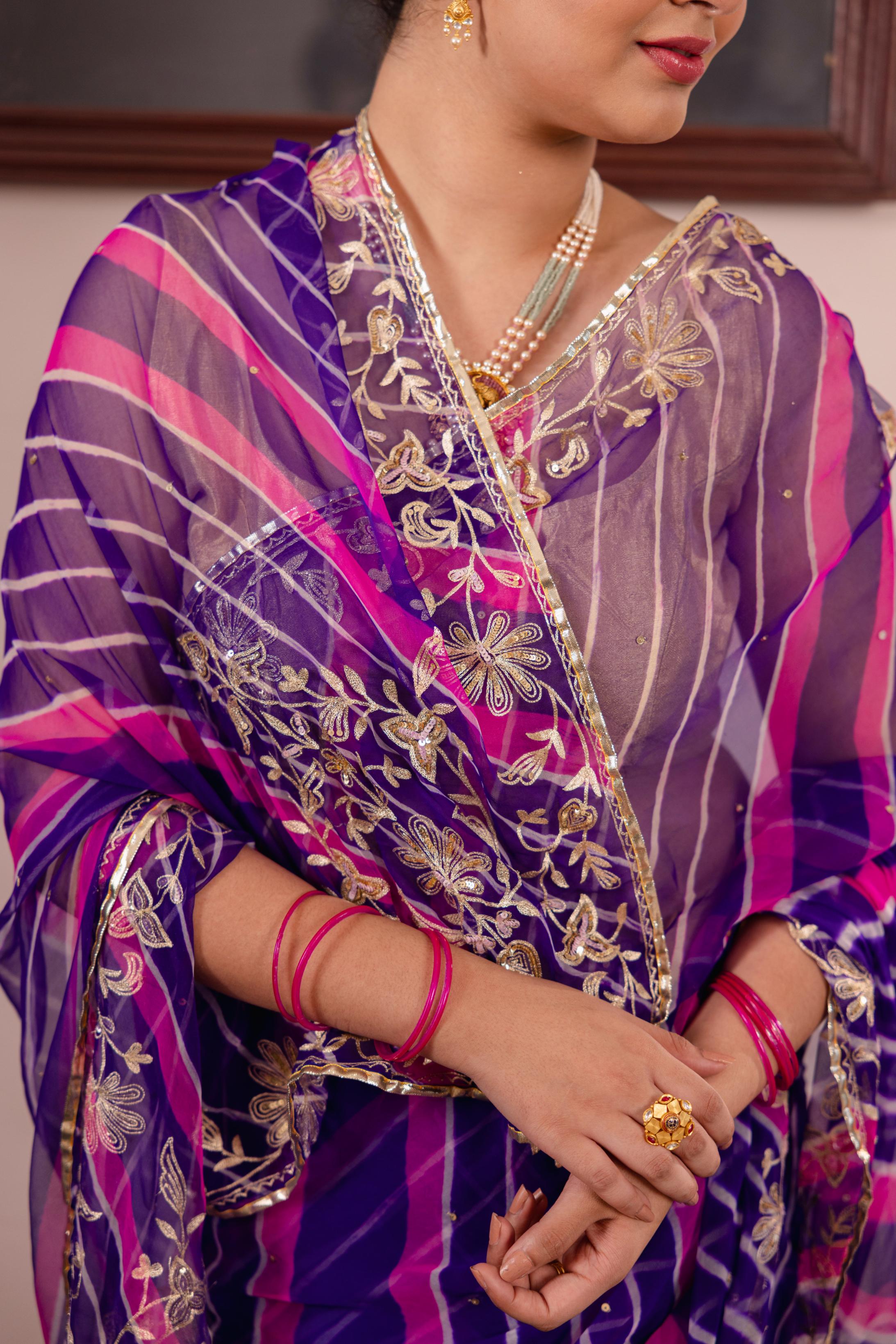 Purple Rani Leheriya  20 grms Pure Georgette Aari Tari  Handwork   Saree