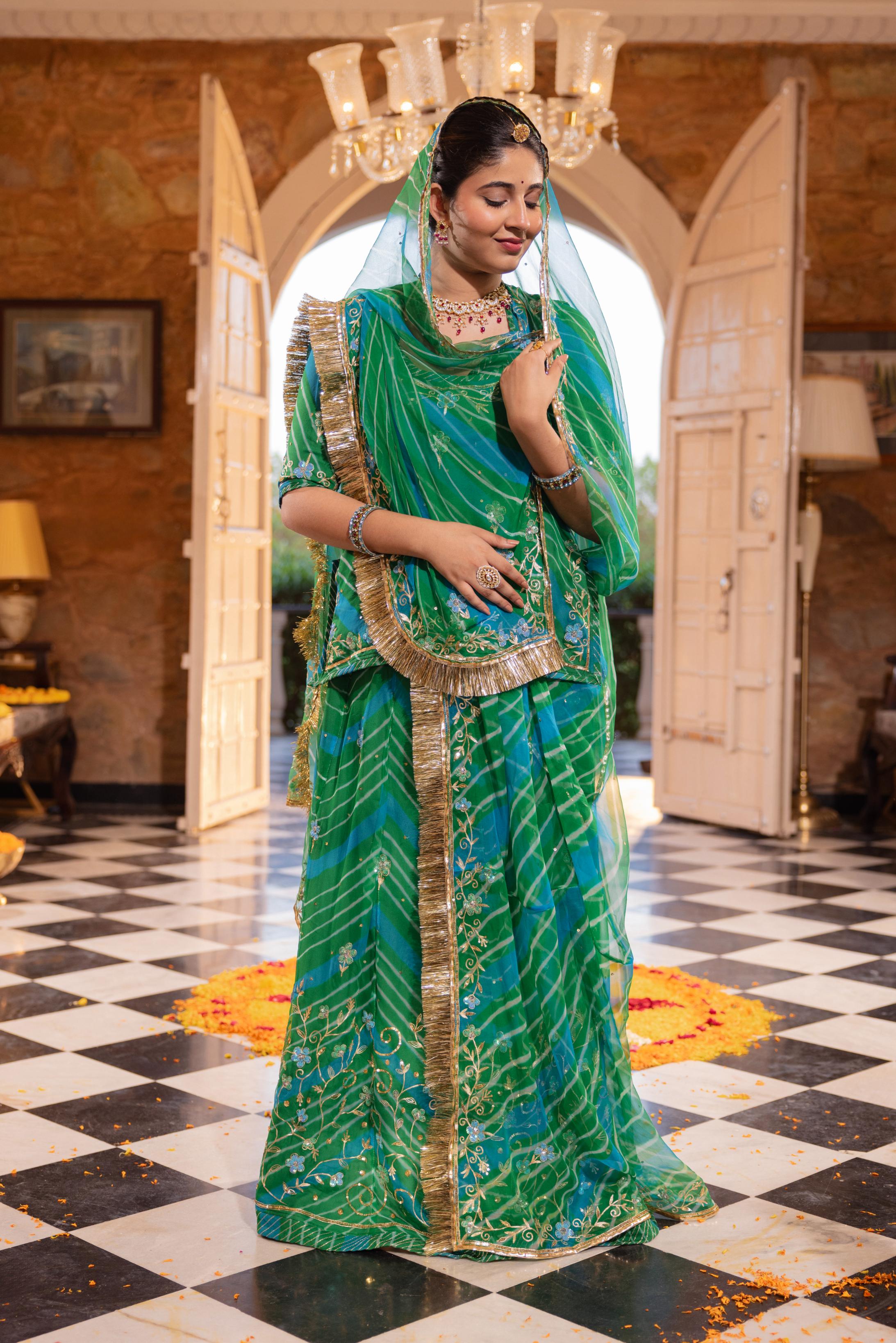 Green  20 grms Pure Georgette Aari Tari Handwork   Poshak (Unstitched)