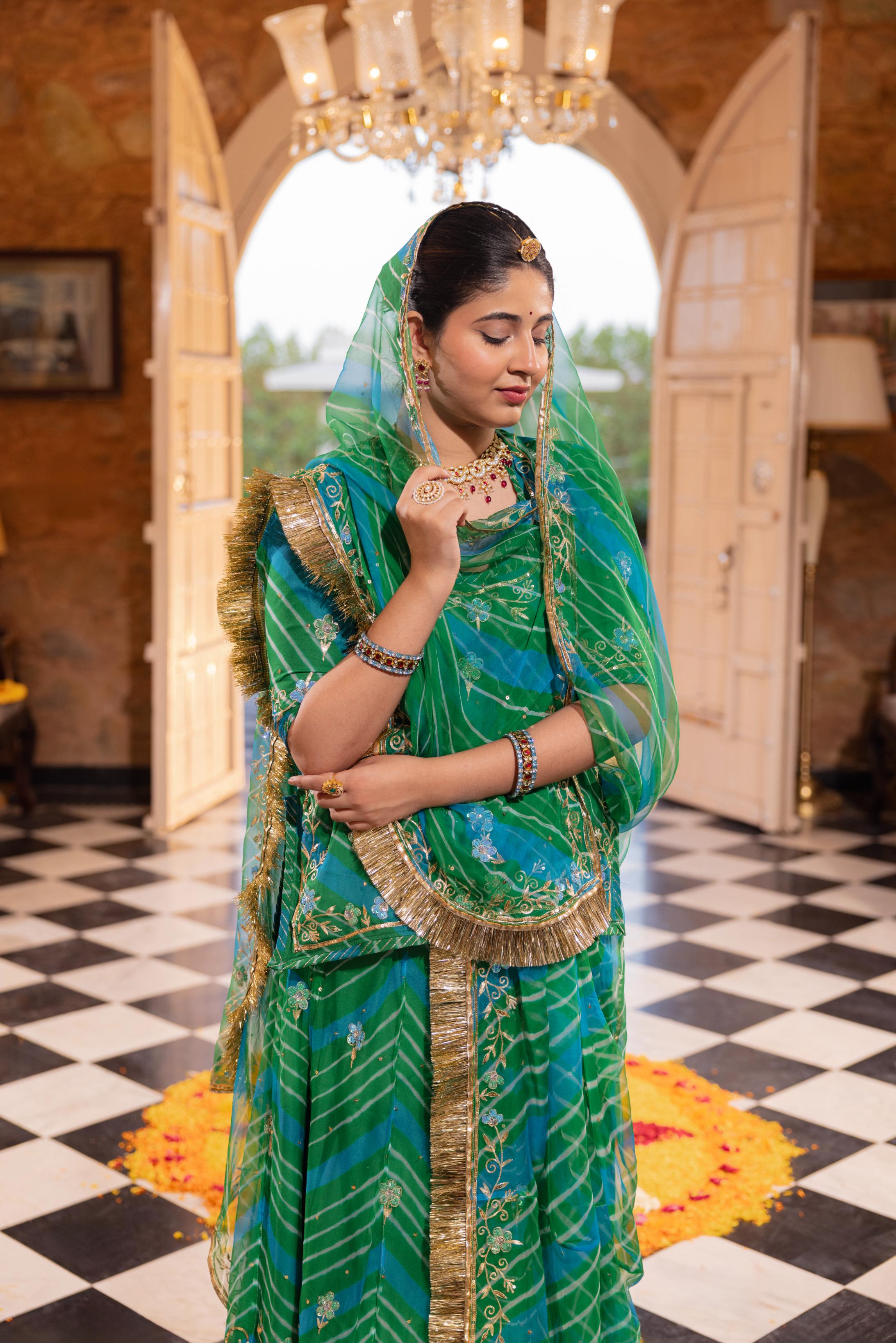Green  20 grms Pure Georgette Aari Tari Handwork   Poshak (Unstitched)