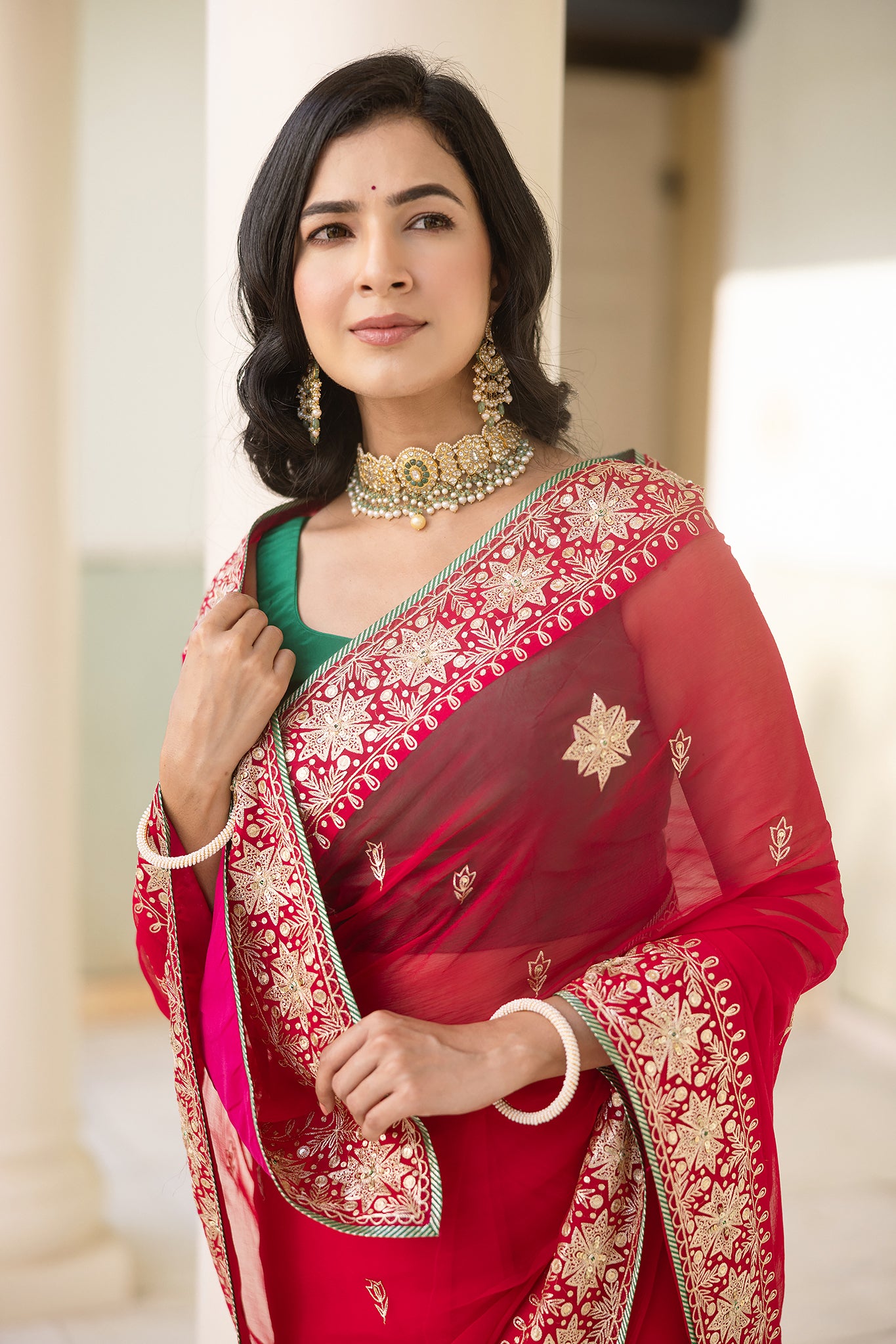 Rani Viscose Chiffon Aari Tari Handwork Saree