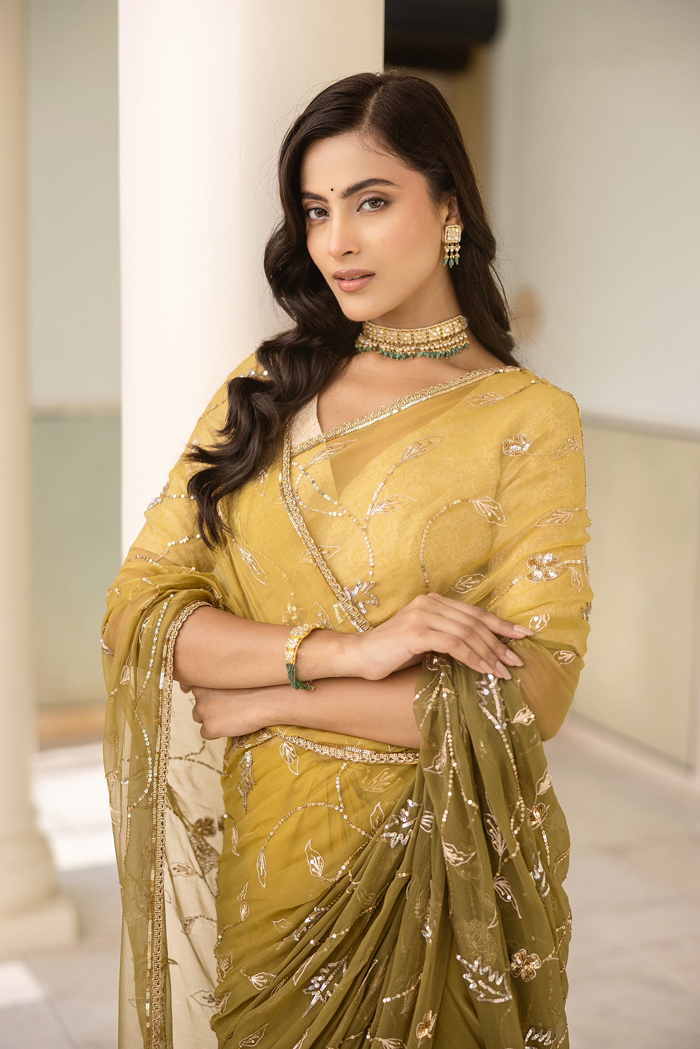 Mehandi Green  Viscose Chiffon Aari Sequins  Handwork  Saree