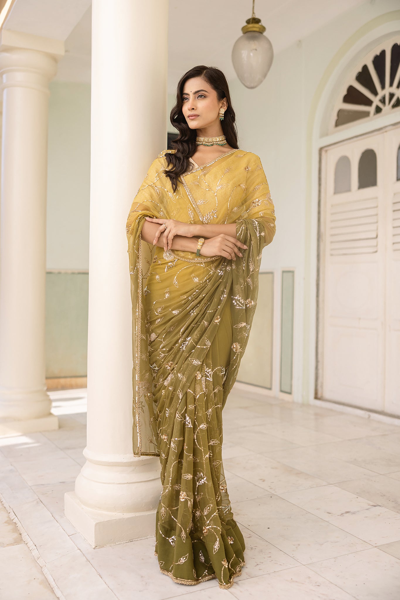 Mehandi Green  Viscose Chiffon Aari Sequins  Handwork  Saree