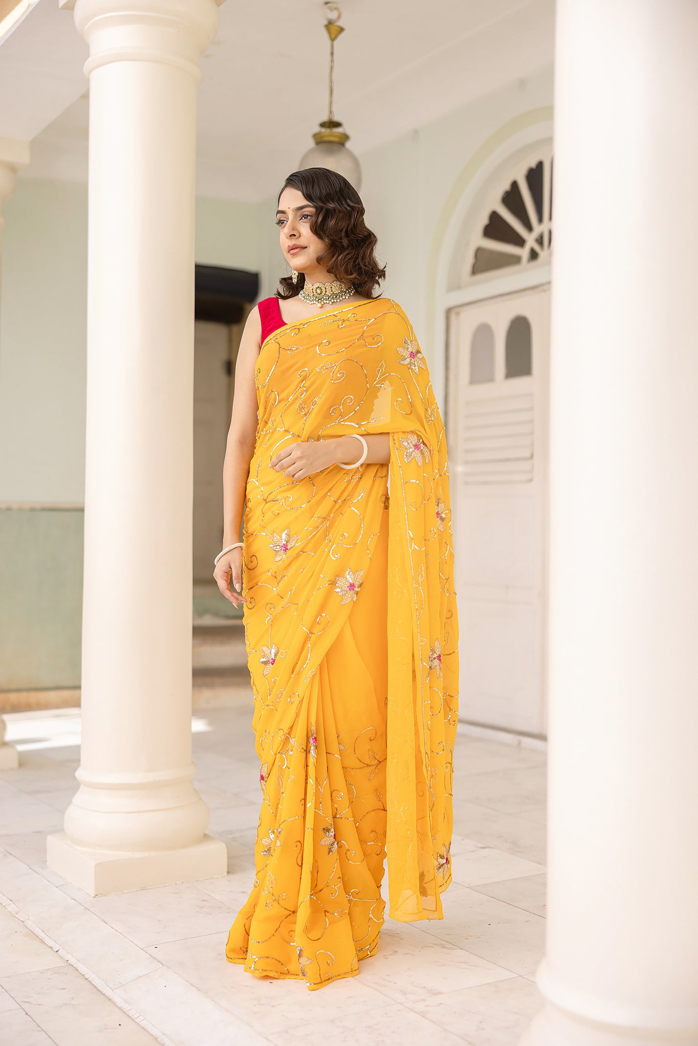 Yellow Kesariya Pure Chiffon Aari Sequins  Handwork  Saree