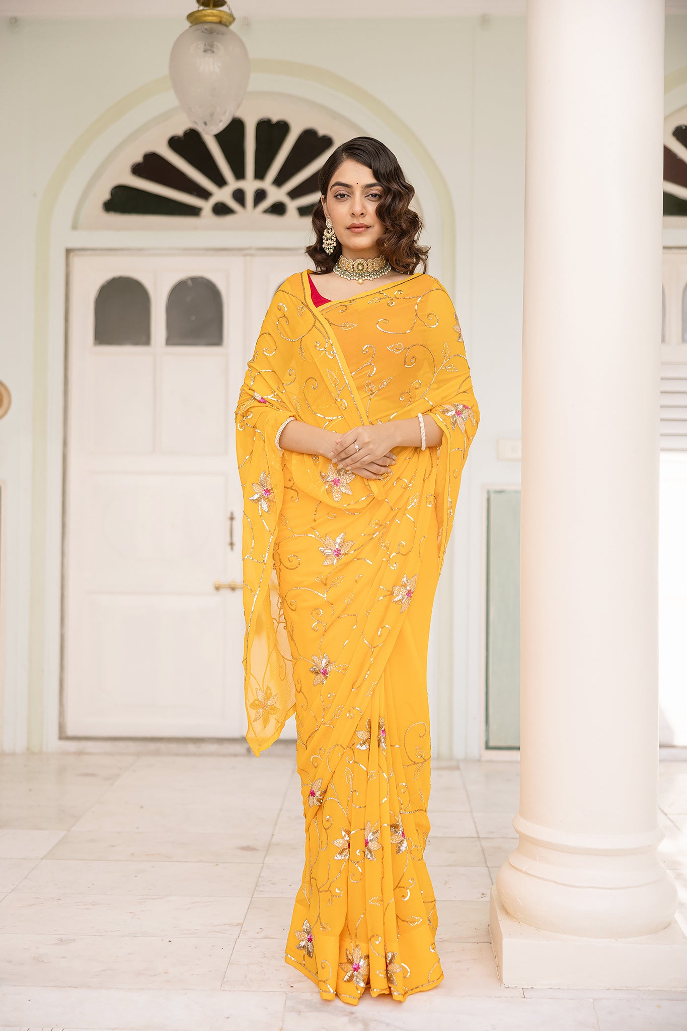 Yellow Kesariya Pure Chiffon Aari Sequins  Handwork  Saree
